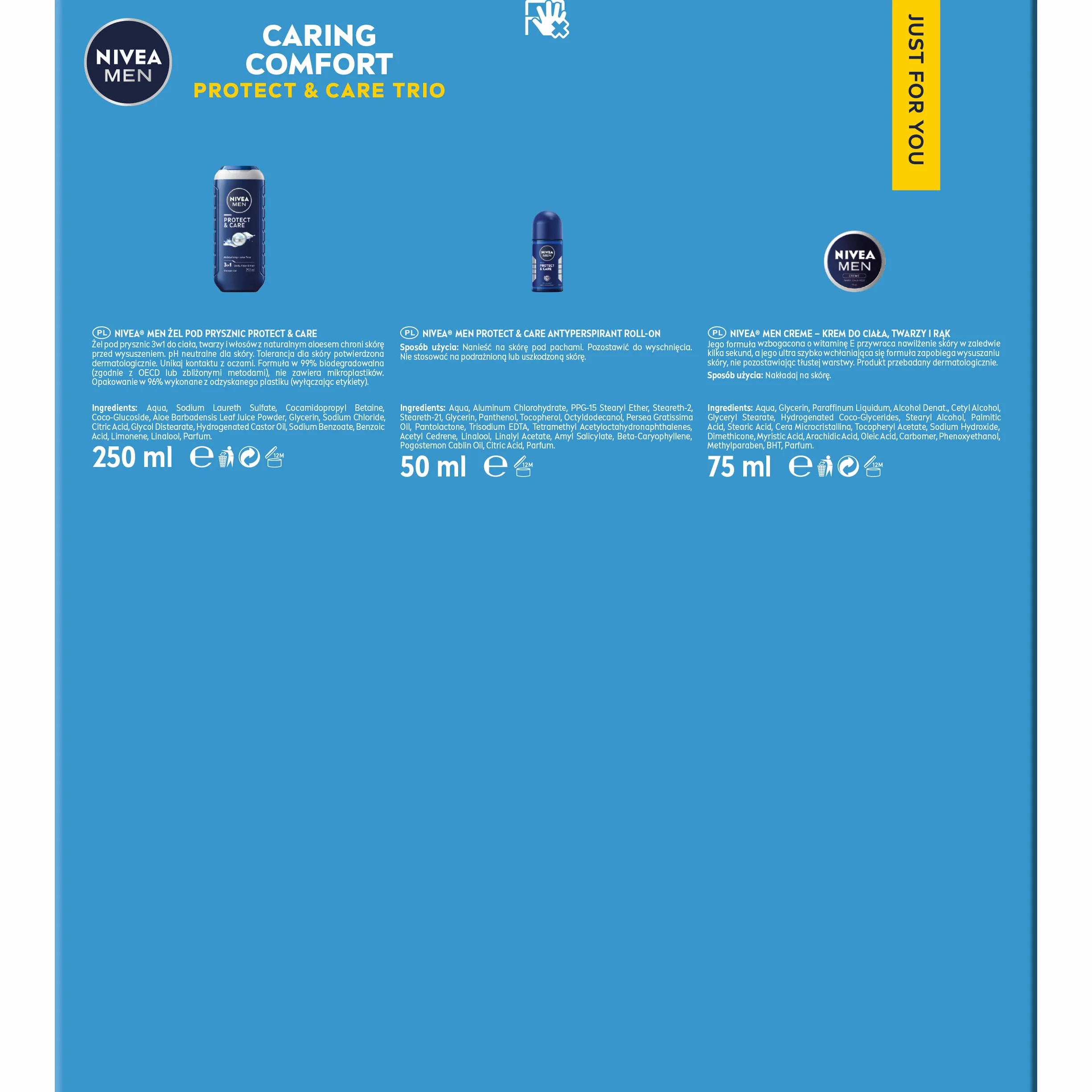 NIVEA MEN Caring Comfort Świąteczny prezent - Zestaw kosmetyków dla mężczyzn do twarzy i ciała: anyperspirant roll on, żel pod prysznic i krem nawilżający Creme