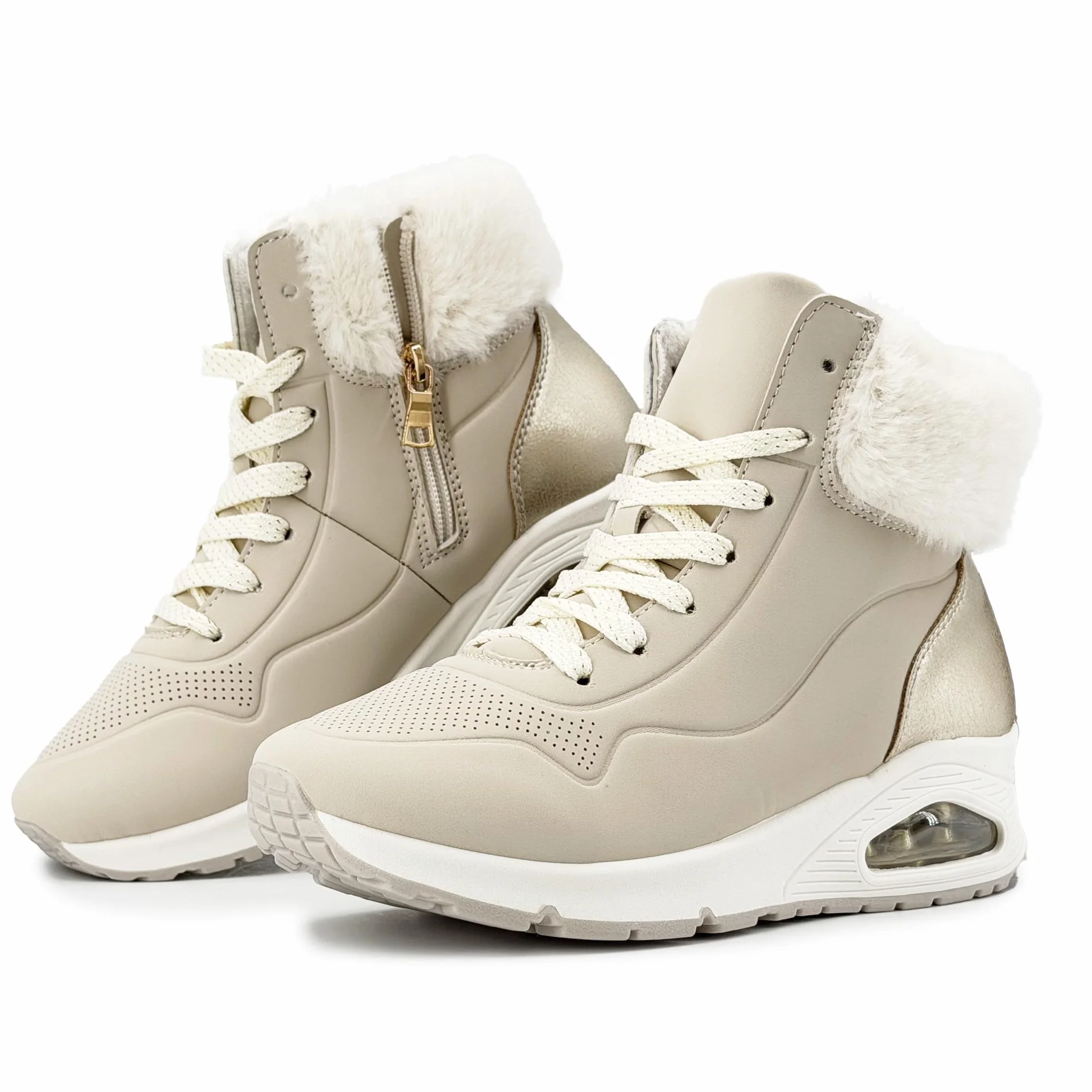 JOMIX Damskie zimowe botki, z ciepłą podszewką, buty typu sneaker z futrzanym kołnierzem, koturn, poduszka powietrzna, antypoślizgowa podeszwa, zamek błyskawiczny, sznurowanie, lekkie, wygodne, na