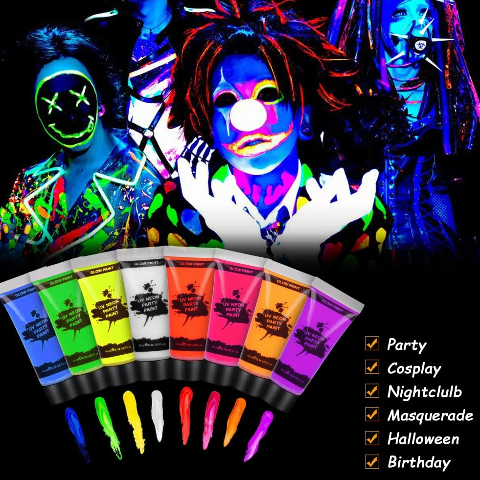 AOOWU Zestaw farb do twarzy 8 kolorów UV neonowa fluorescencyjna nietoksyczna z pędzlem paletowym