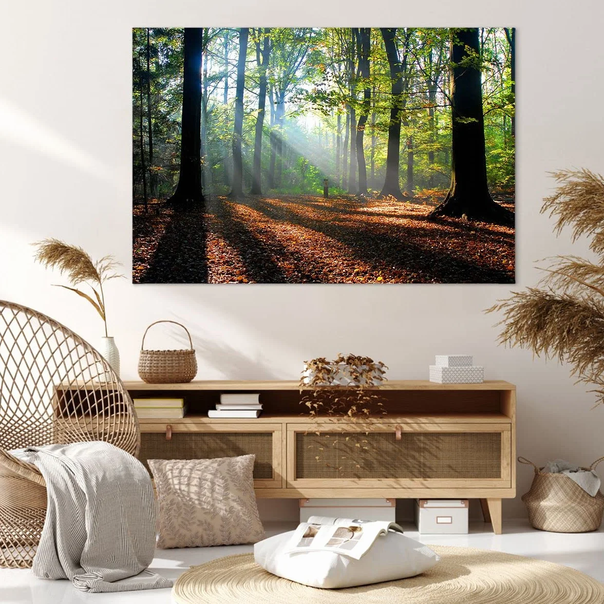 ARTTOR Dekoracja ścienna Salon Las Liście Słońce Obraz na płótnie w ramie 120x80cm Nowoczesny Sypialnia Kuchnia Deko Sztuka na ścianę Duży XXL Obrazy Art Foto Wall Decor Canvas AA120x80-0136