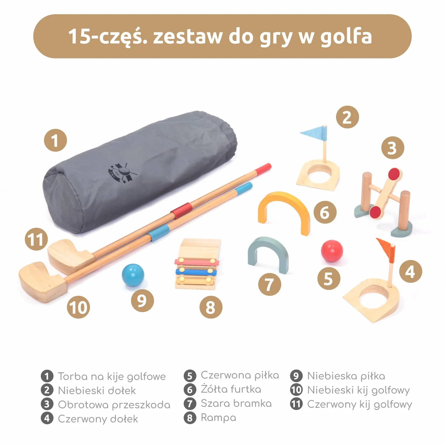 Umu® Drewniany zestaw mini golfa dla dzieci – 6 przeszkód, wewnątrz i na zewnątrz, zestaw golfa z piłkami i kijami, kreatywna zabawka edukacyjna dla dzieci