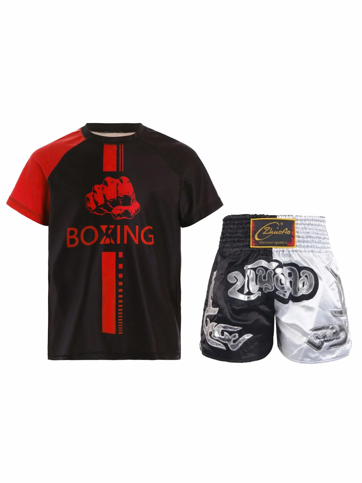 inhzoy Dziecięcy dres treningowy Muay Thai Kickboxing, szorty i krótki rękaw, koszulka sportowa, zestaw do fitnessu