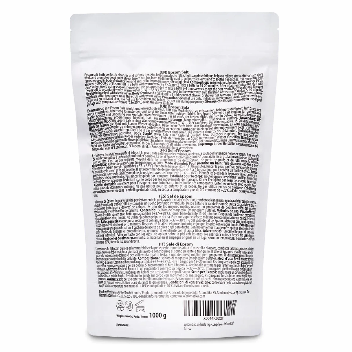 Epsom Bath Salts 1kg - Sól do Kąpieli Epsom 1000g - Czysta i Naturalna sól Epsom - Skoncentrowany Siarczan Magnezu - Koi i Lagodzi Zmęczenie - Relaks - Pielęgnacja Ciała