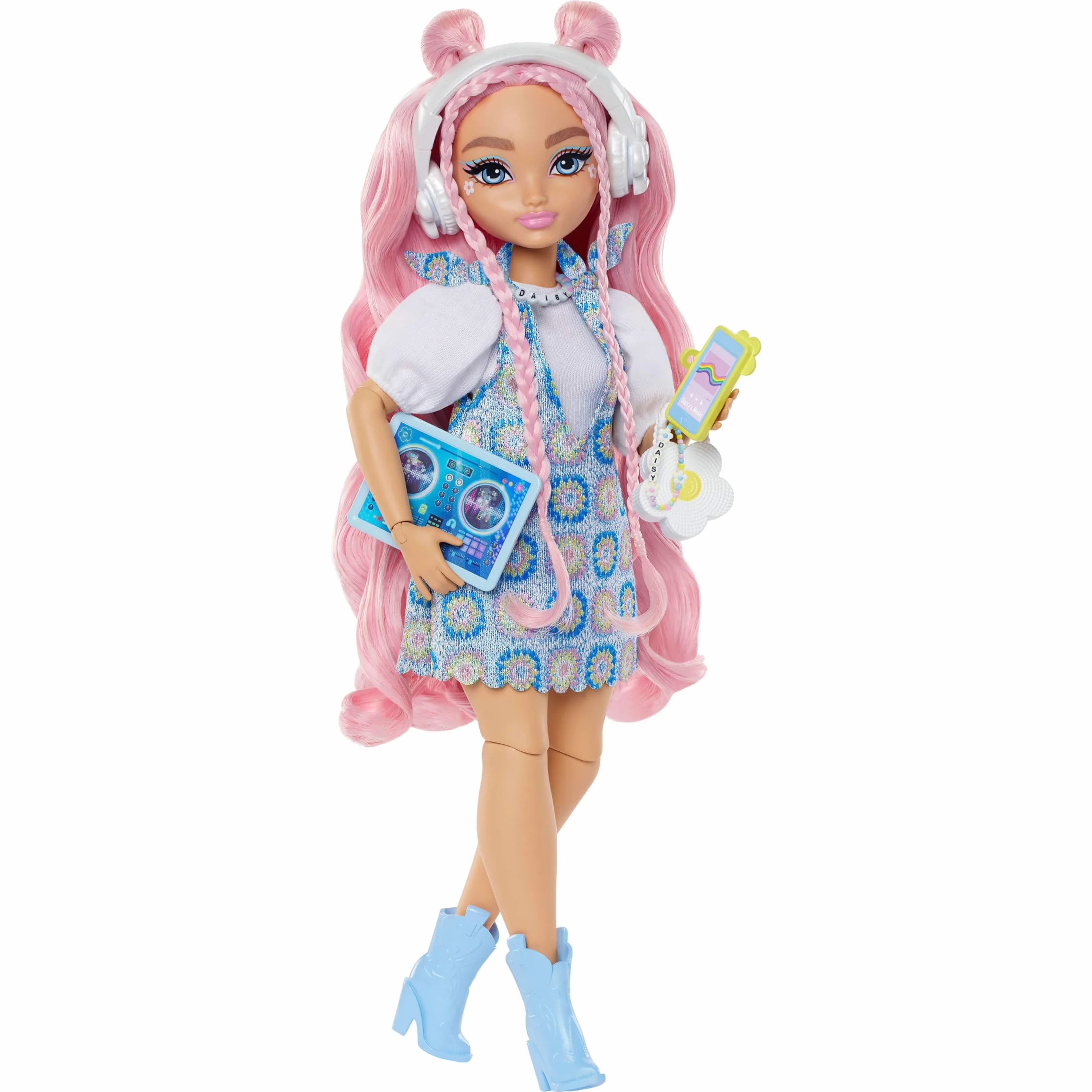Barbie Lalka Dream Besties i akcesoria, ruchoma lalka Daisy Jean z wyjmowanymi modami i falującymi różowymi włosami, 9 utworów o tematyce DJ-skiej i muzycznej, JDD74