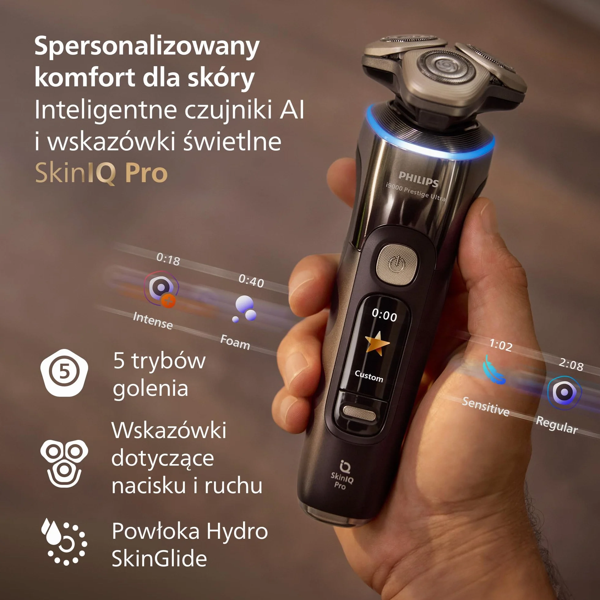 Philips Shaver i9000 Prestige Ultra, golarka elektryczna do golenia na sucho i mokro z technologią Skin IQ Pro, System Triple Lift & Cut, obrotowe 360º ostrza, 5 trybów golenia, Model XP9405/31