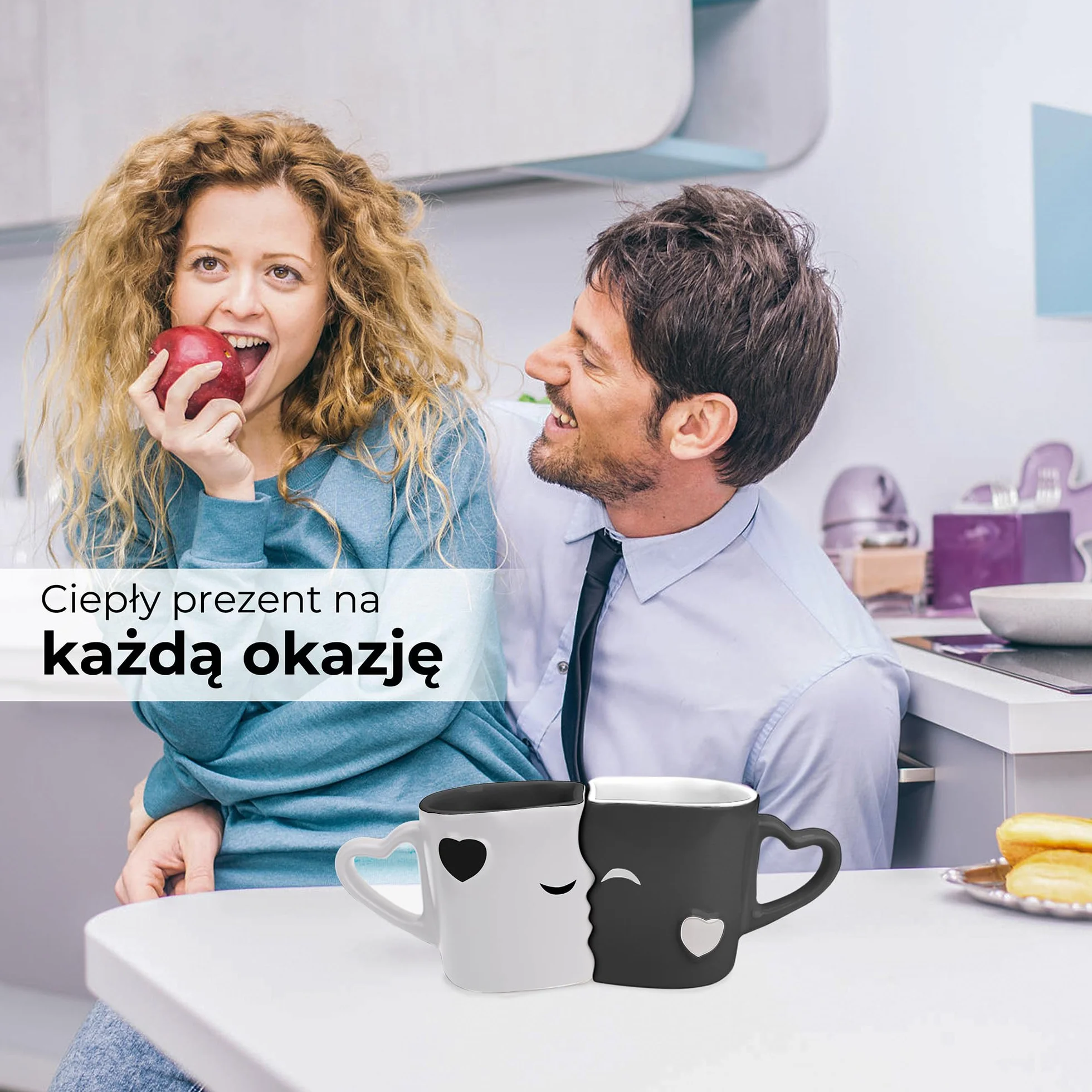 MIAMIO - Zestaw kubków do kawy/kubków do całowania w prezencie dla par/na wesele/urodziny/rocznicę, ceramiczne 300 ml (czarne)
