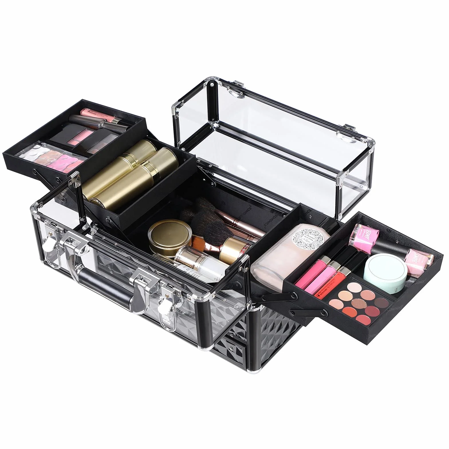 SONGMICS Deluxe etui na kosmetyki kosmetyczne, organizer kosmetyczny, do użytku profesjonalnego artysty, etui kolejowe z przezroczystą akrylową pokrywką i wysuwaną tacą, czarne JBC318B, czarny, 30