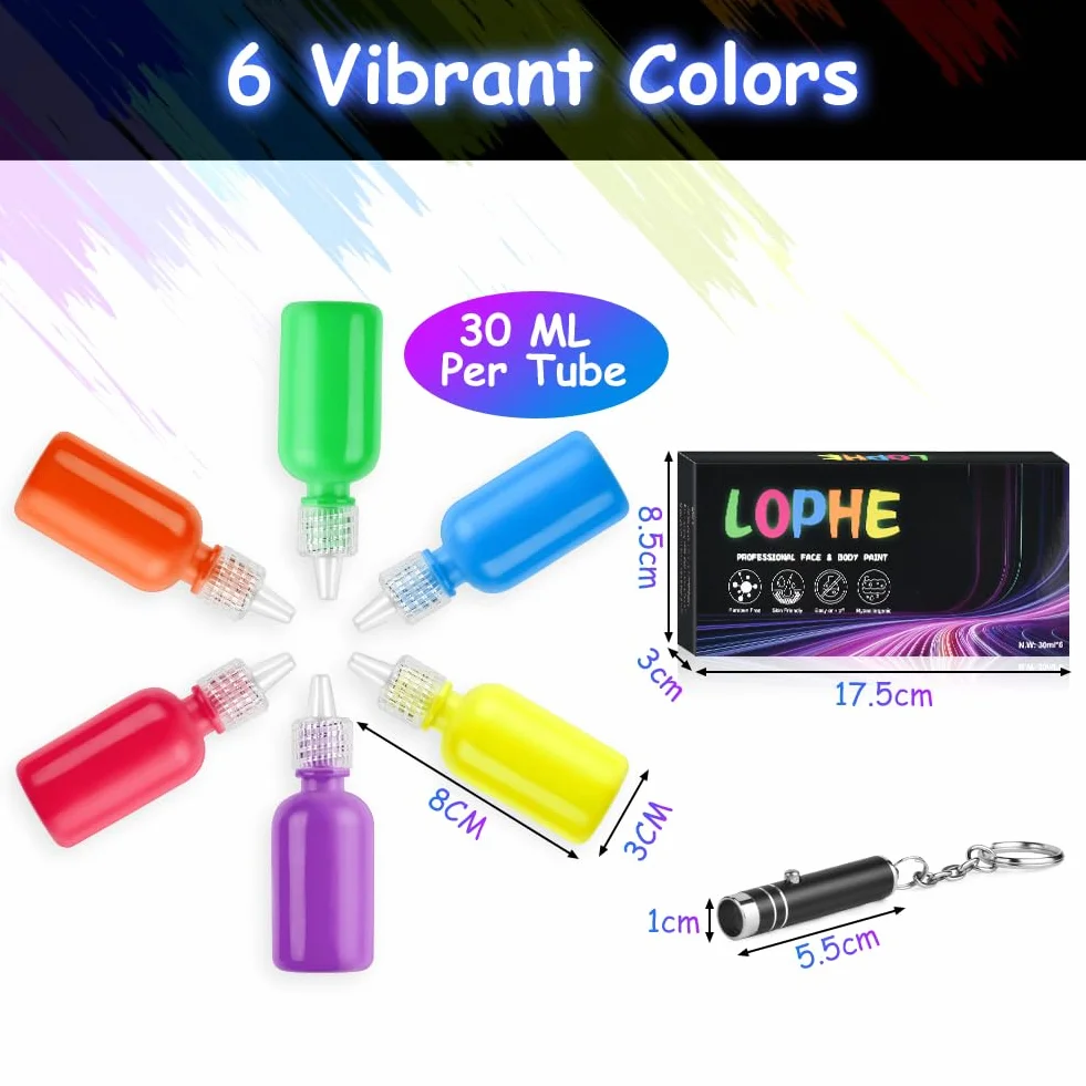 LOPHE Farba do twarzy dla dzieci, zestaw do malowania twarzy 6*30 ml, neonowa farba do twarzy z lampą UV, fluorescencyjne farby do twarzy i ciała, hipoalergiczny, makijaż UV Halloween Festival (zestaw
