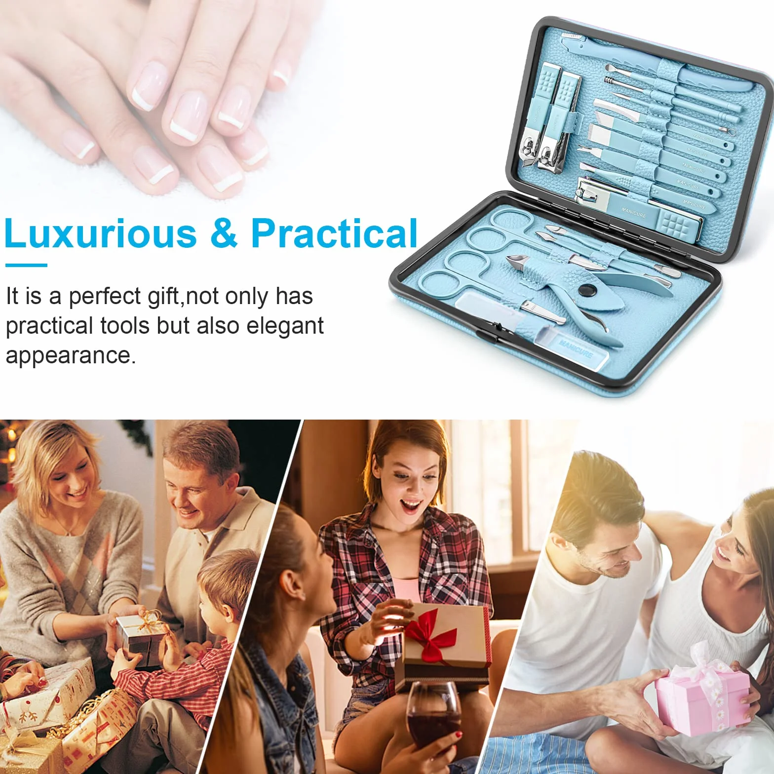 Profesjonalny zestaw do manicure, obcinacz do paznokci, zestaw do pielęgnacji paznokci, zestaw do pielęgnacji z luksusowym, ulepszonym etui podróżnym, 18 szt. (niebieski)