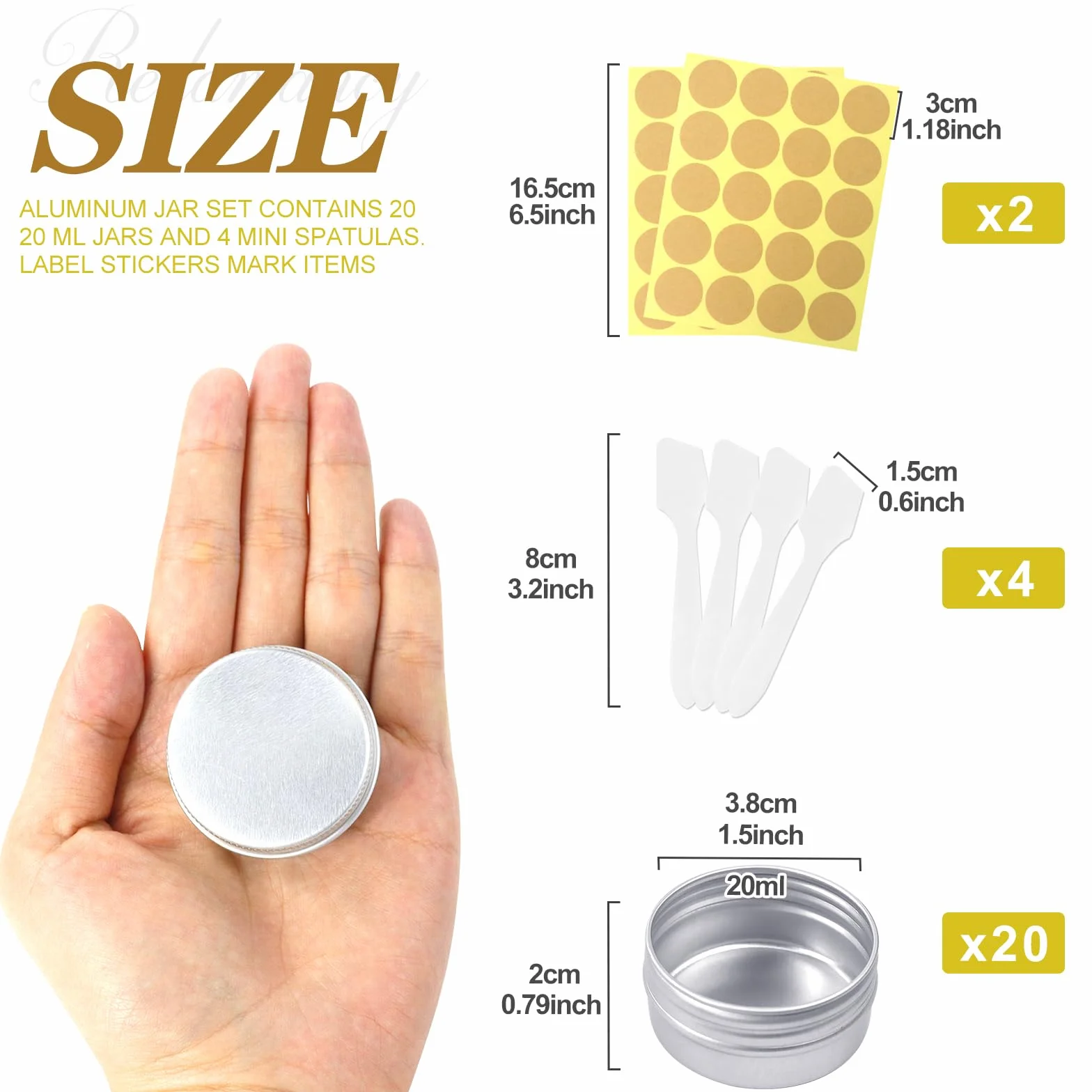 Redamancy 20 szt. aluminiowych pustych pojemników, 20 ml, puste butelki na krem do makijażu, okrągłe podróżne słoiki na krem z 2 okrągłymi naklejkami i 4 mini szpatułkami do balsamu do ust, balsamu