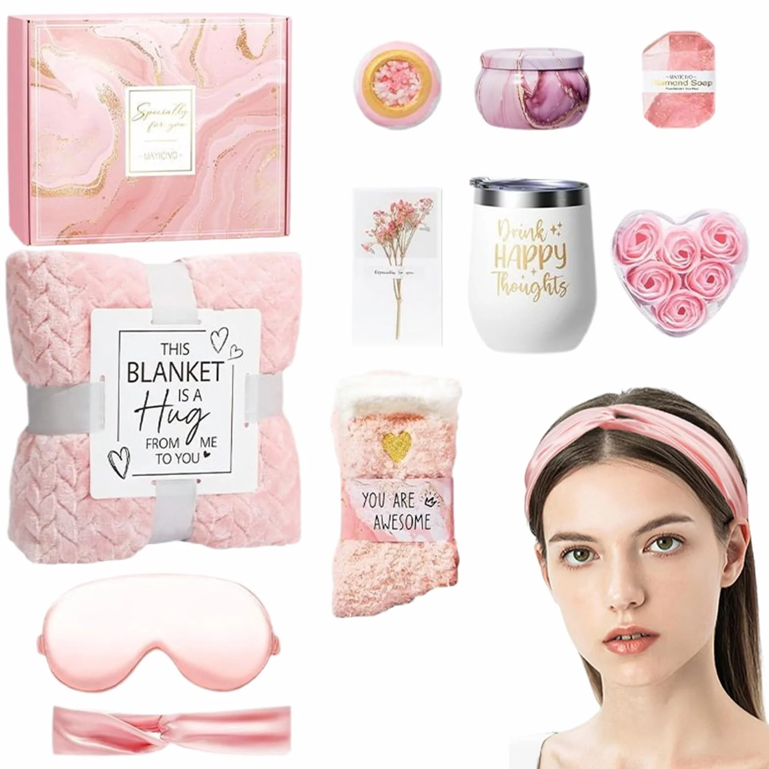 Luxury Relaxation Set Birthday Gift Basket for Women with Cozy Flannel Blanket Spa Tools