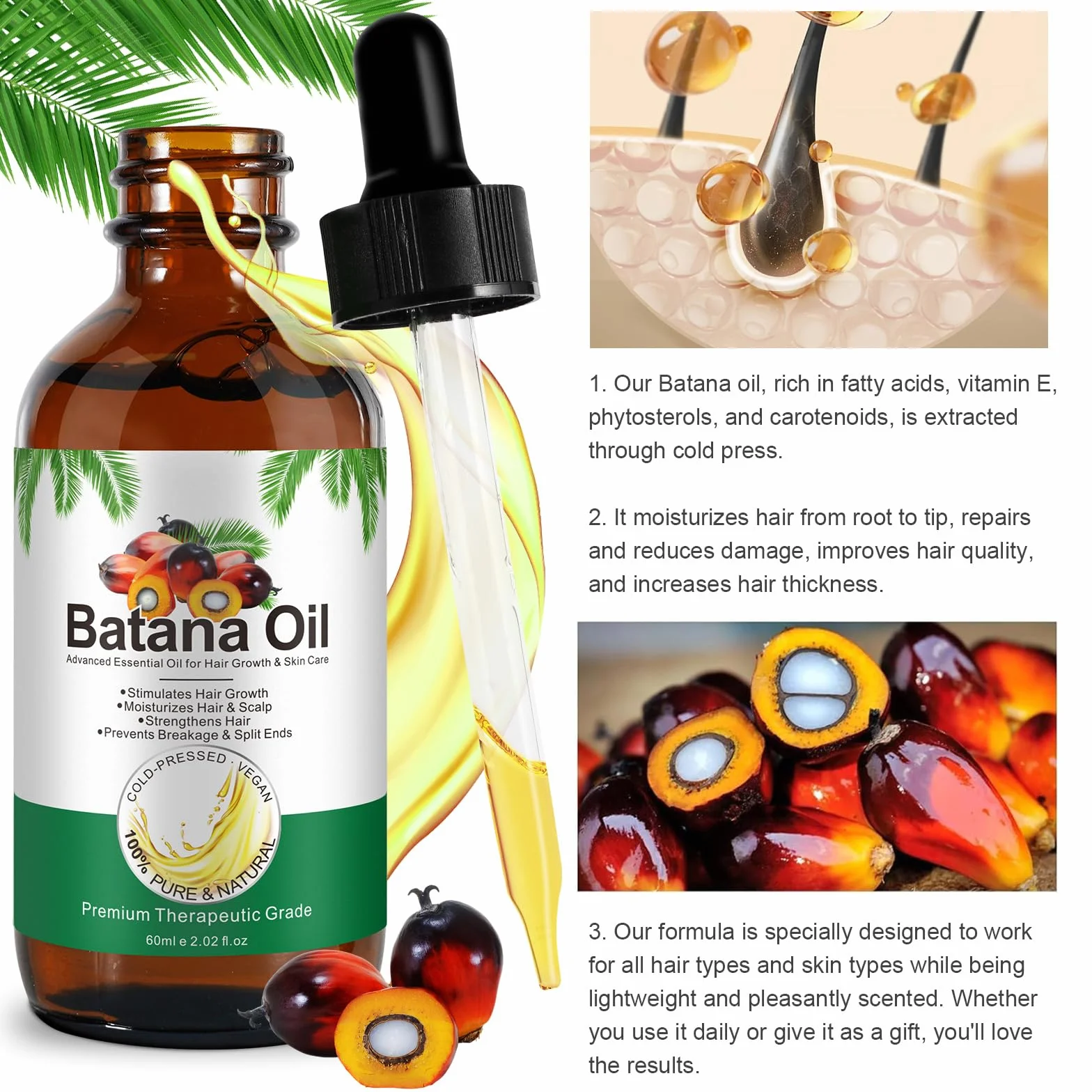 Batana olejek na porost włosów, 60 ml, 100% czysty i naturalny olejek Batana, wzmacnia włosy, skórę i krem nawilżający do twarzy, aromaterapia, odpowiedni dla mężczyzn i kobiet
