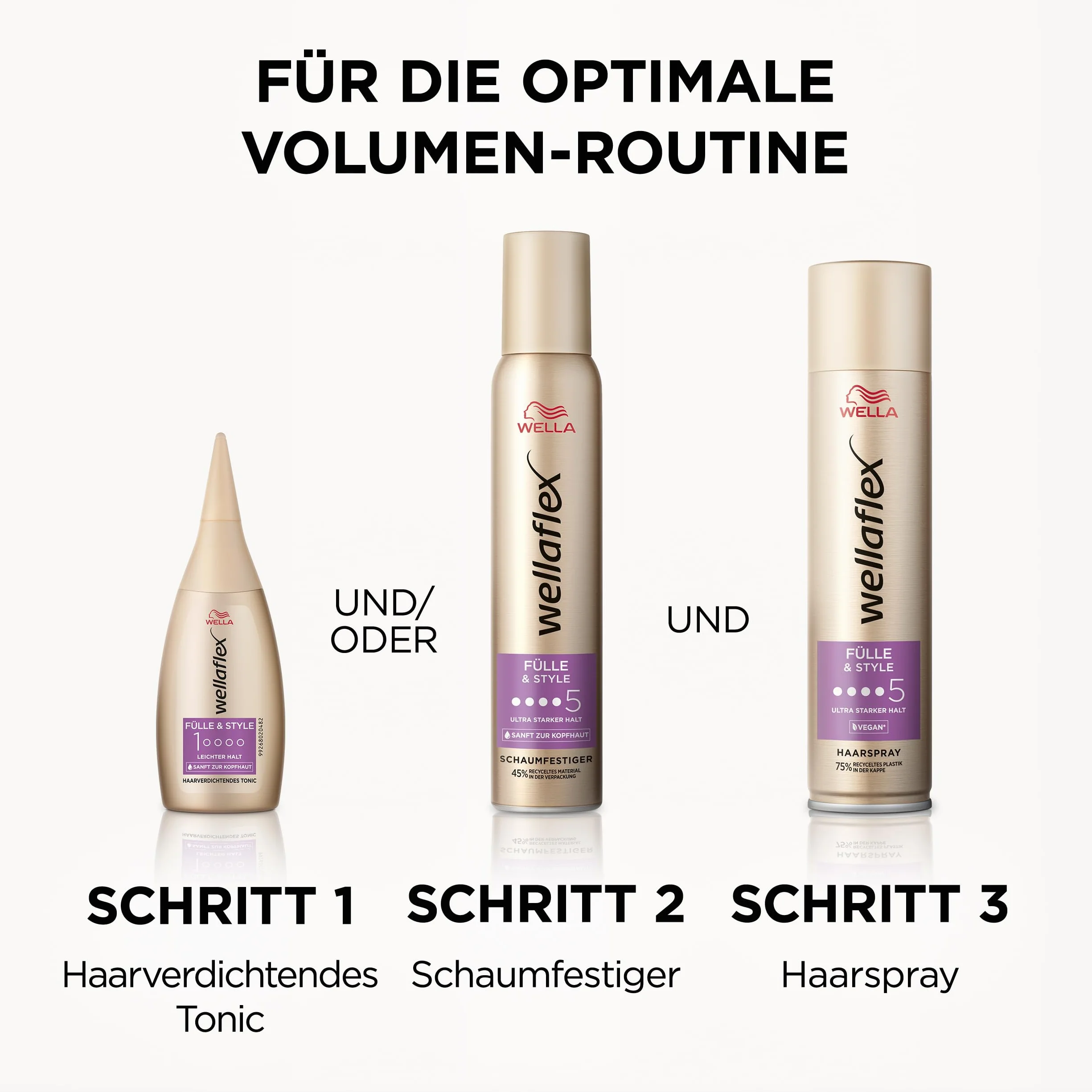 Wellaflex Fül& Style pianka wzmacniająca dla kobiet | do 24 godz. Ultra mocne trzymanie | do pełnych, obszernych włosów | delikatny dla skóry głowy, testowany dermatologicznie | nie zawiera silikonu |