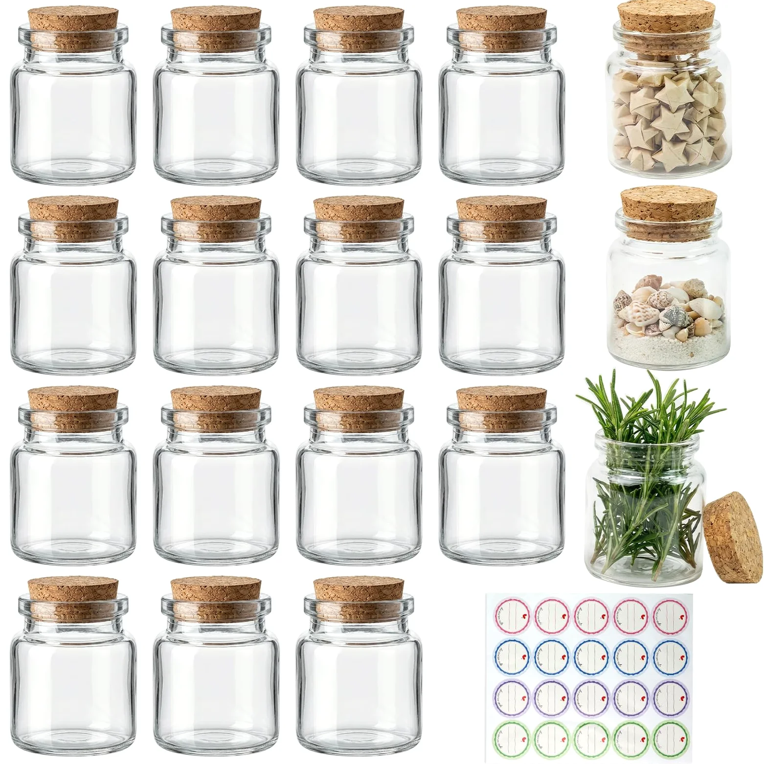 Zestaw 18 mini szklanych buteleczek (50 ml) z korkiem do napełniania, puste małe buteleczki, słoiki na przyprawy, na prezent ślubny, przyprawy kuchenne, do majsterkowania, na imprezy, z 20 etykietami