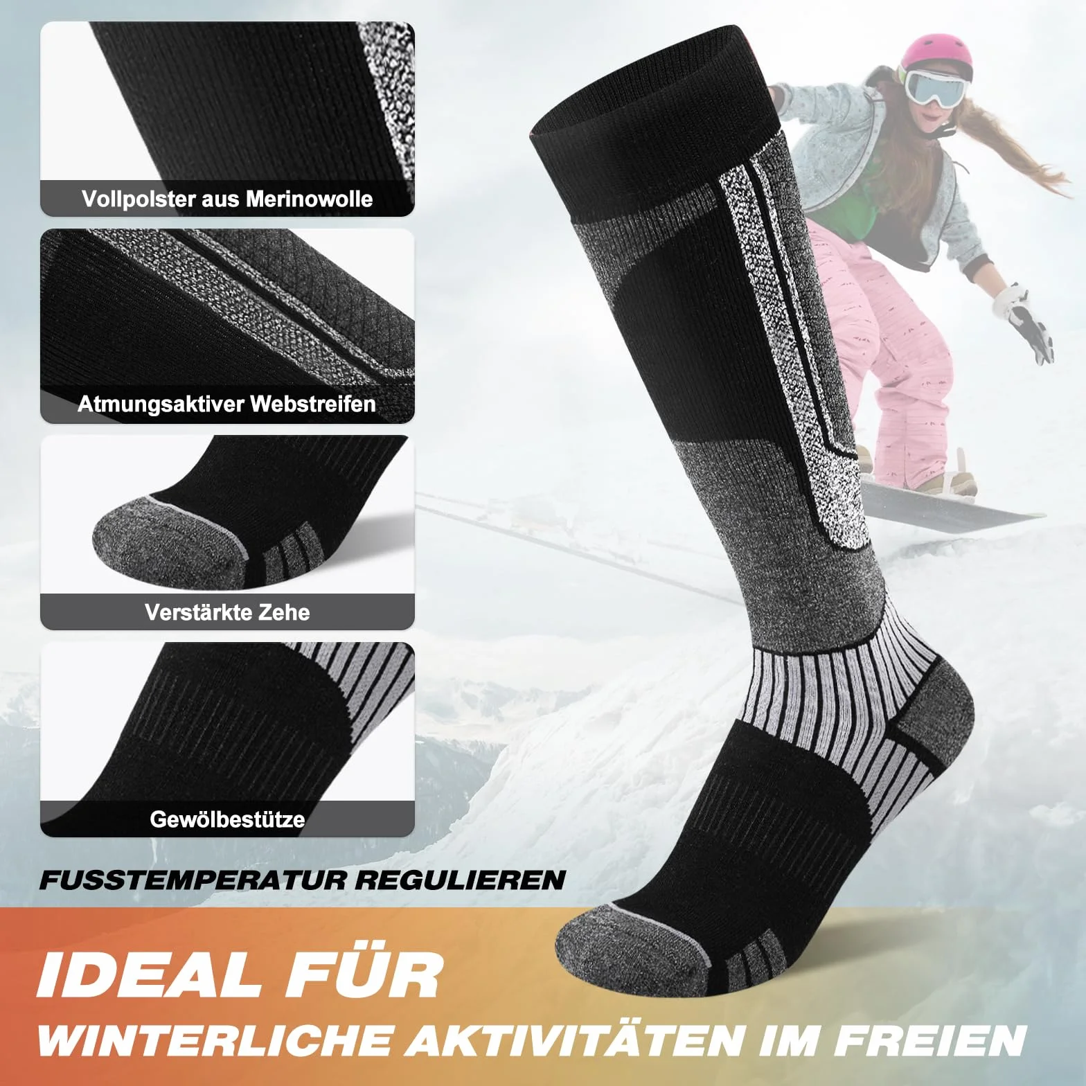 SukModen 2 pary skarpet narciarskich z wełny merynosów dla mężczyzn, kobiet i młodzieży, grube termiczne skarpety do narciarstwa i snowboardu, rozmiar 35–50