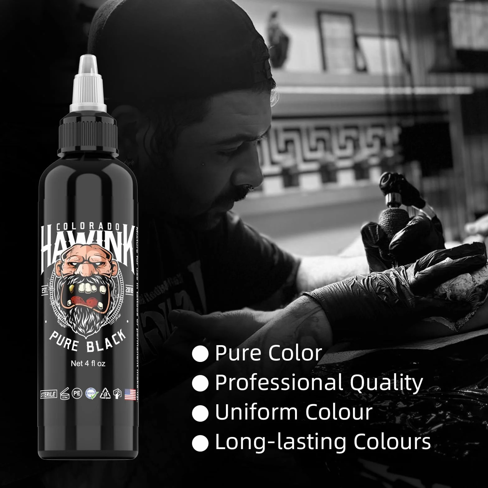 HAWINK Tusz do Tatuażu Black Professional 120ml (4oz) Przyjazny dla Wegan, Standard USA, Pigmentowy Tusz do Tatuażu, Czysty Czarny TI203-120-001