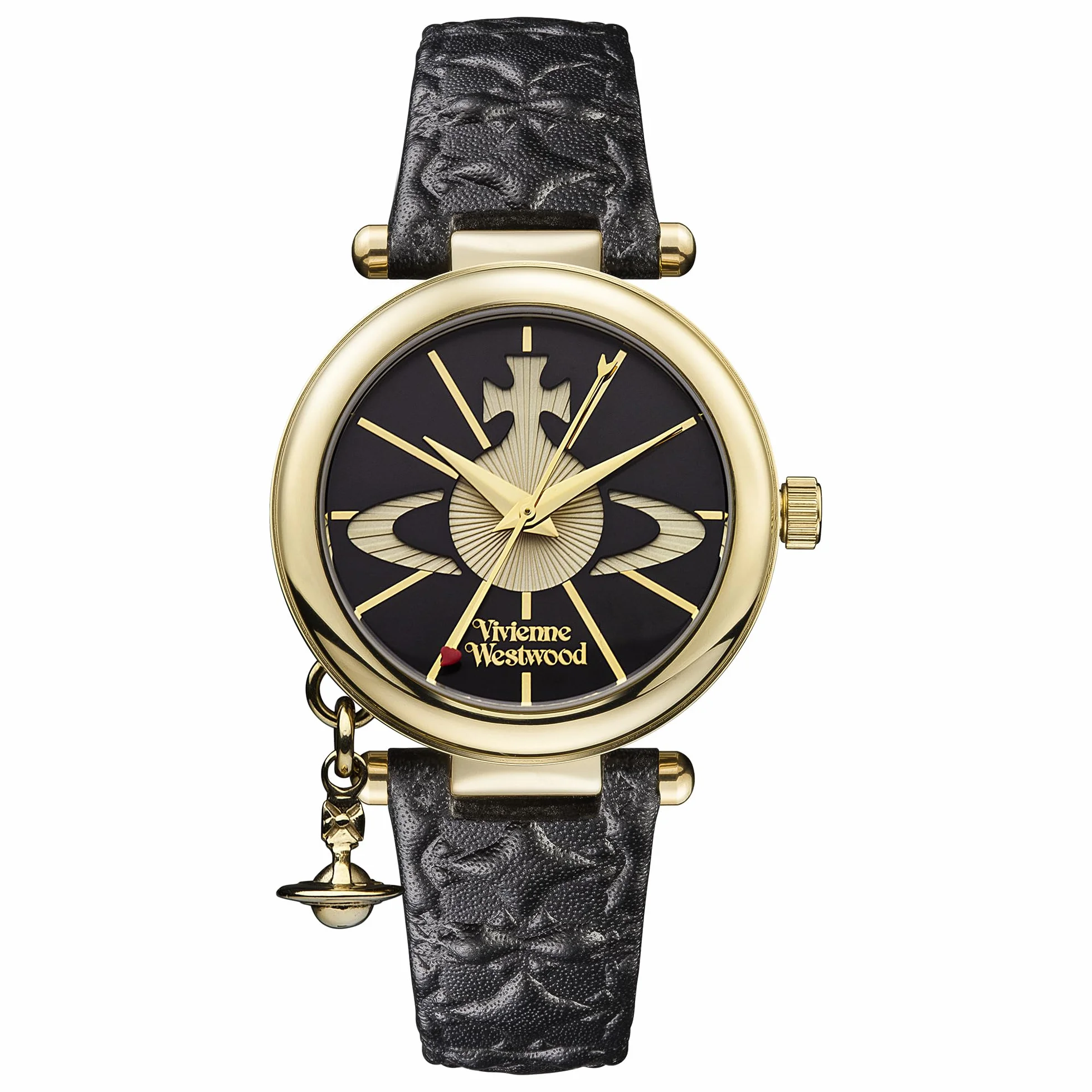 Vivienne Westwood Damski zegarek Orb II z czarnym skórzanym paskiem, czarny, damski standardowy, pasek, Czarny, Womans Standard, pasek