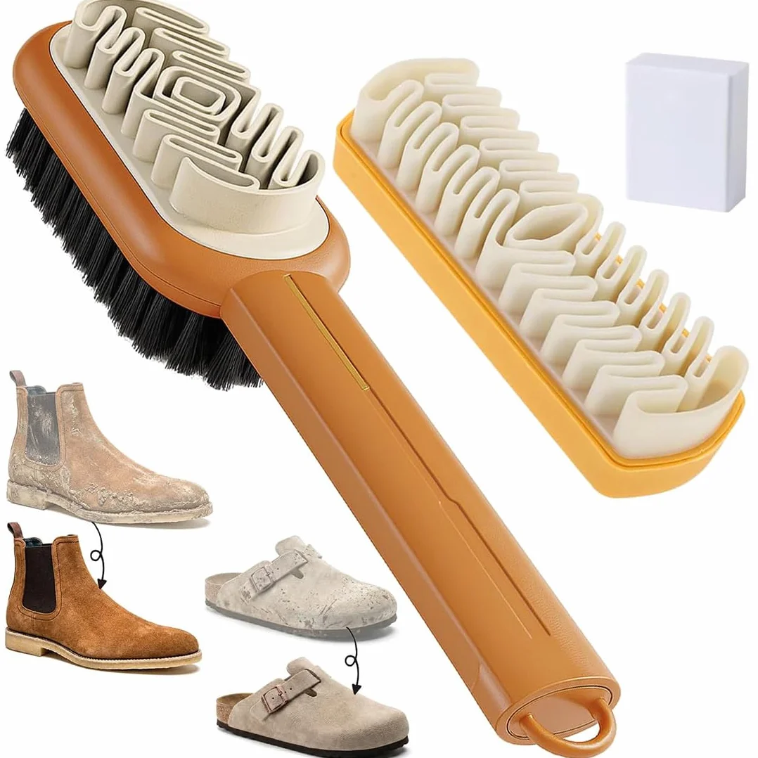 3-częściowy zestaw do czyszczenia zamszu, szczotka do butów + podwójna szczotka + gumka do wycierania zamszu, nubuku, aksamitnych butów i sneakersów