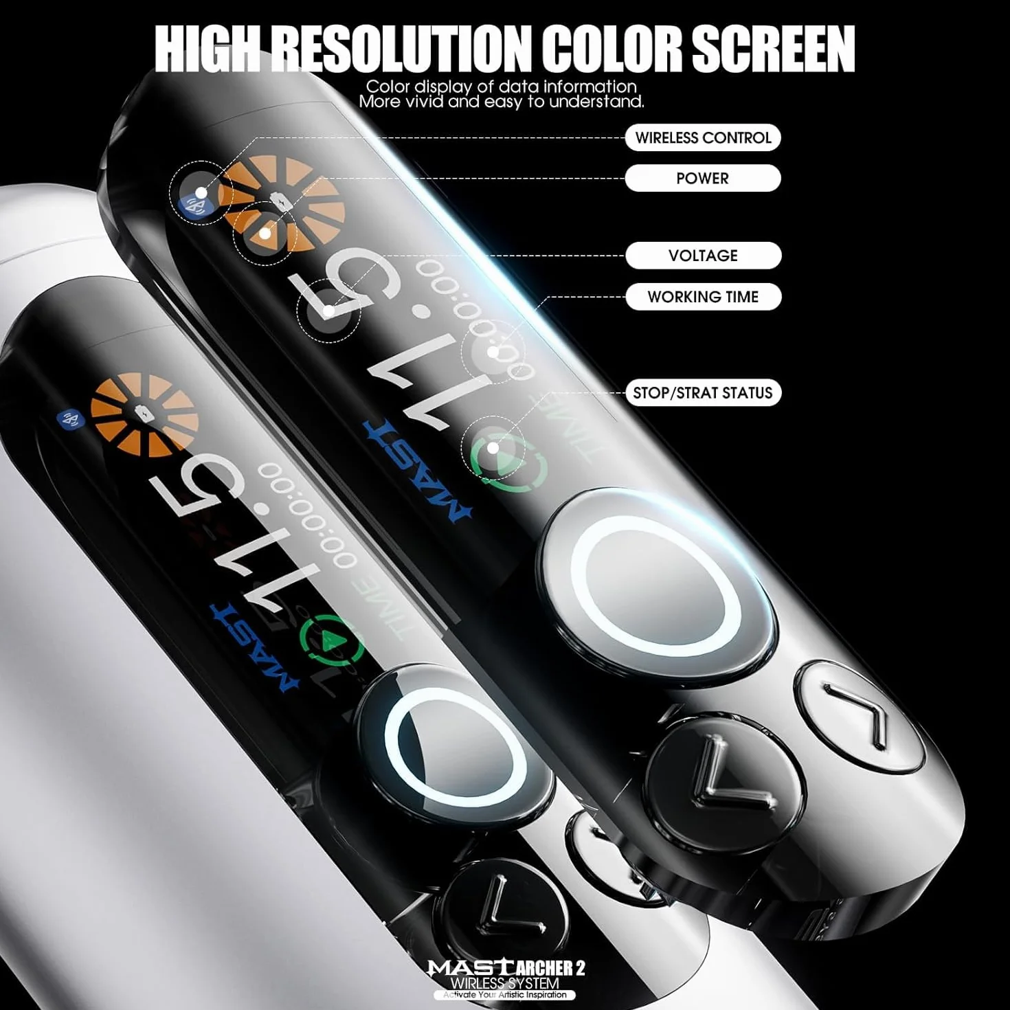 Mast Archer2 Wireless Tattoo Kit Rotary Pen Machine, Brushless Motor by Mcore, Smart Screen & 2000mAh Battery 3.5mm Stroke Length Wireless Foot Pedal