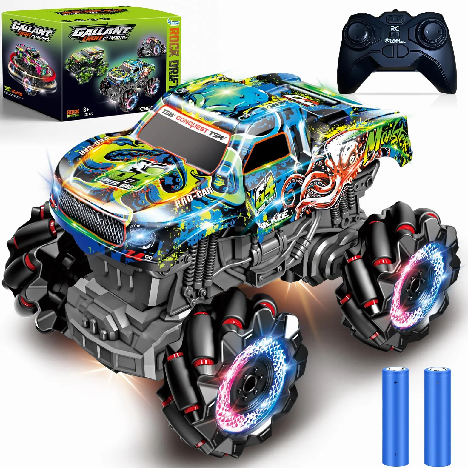 Monster Truck z podświetlanymi oponami i muzyką, 2,4 GHz, obrót o 360°, ciężarówka Monster Truck 1/20 z 2 bateriami, 50 min autonomii, samochód zdalnie sterowany od 3, 4, 5, 6, 7, 8