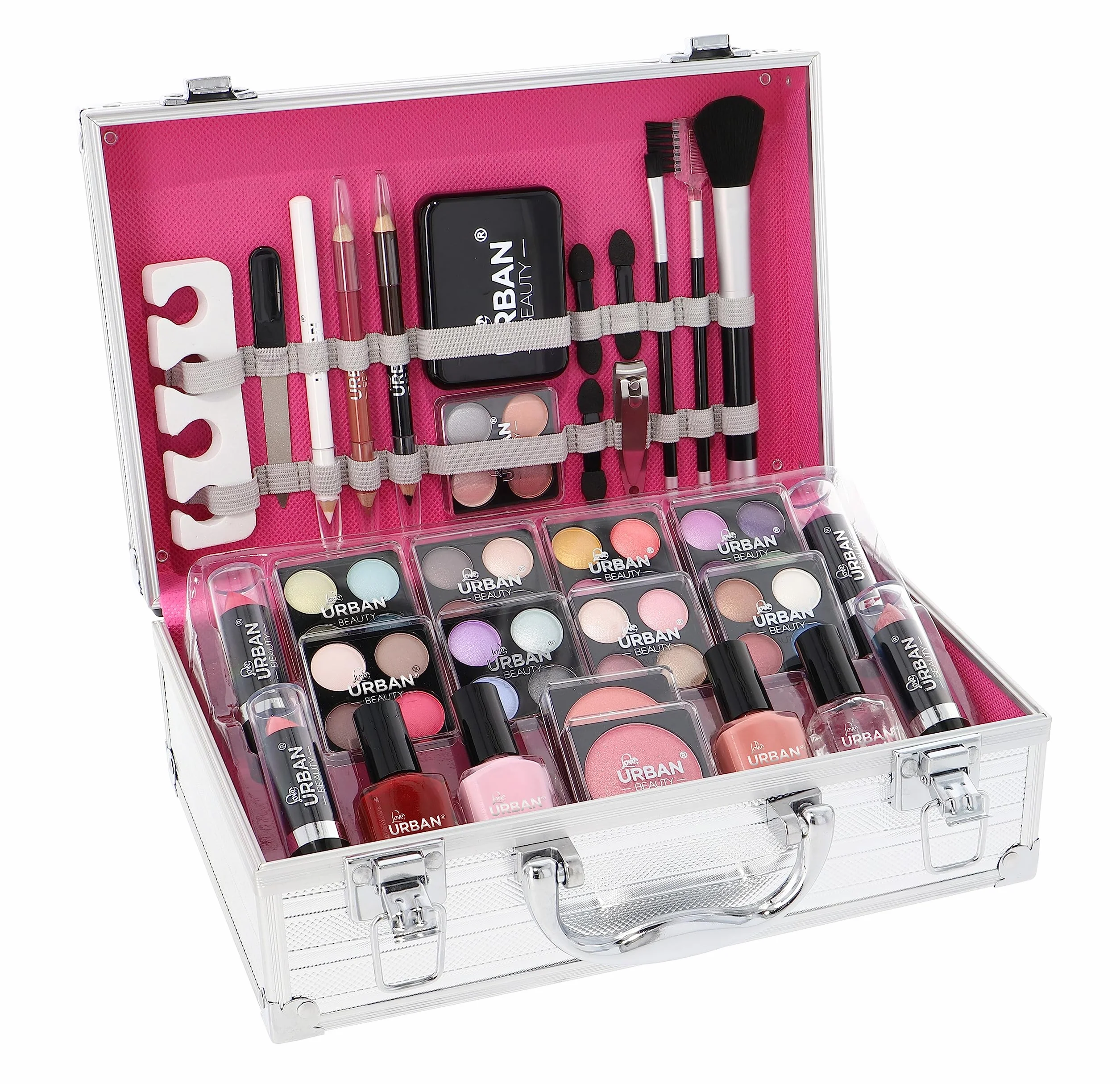 LOVE URBAN BEAUTY Essentials Wegańska kosmetyczka na kosmetyki – 64-częściowy wegański zestaw do makijażu dla nastolatków – Eleganckie srebrne pudełko – Kompaktowa i lekka konstrukcja