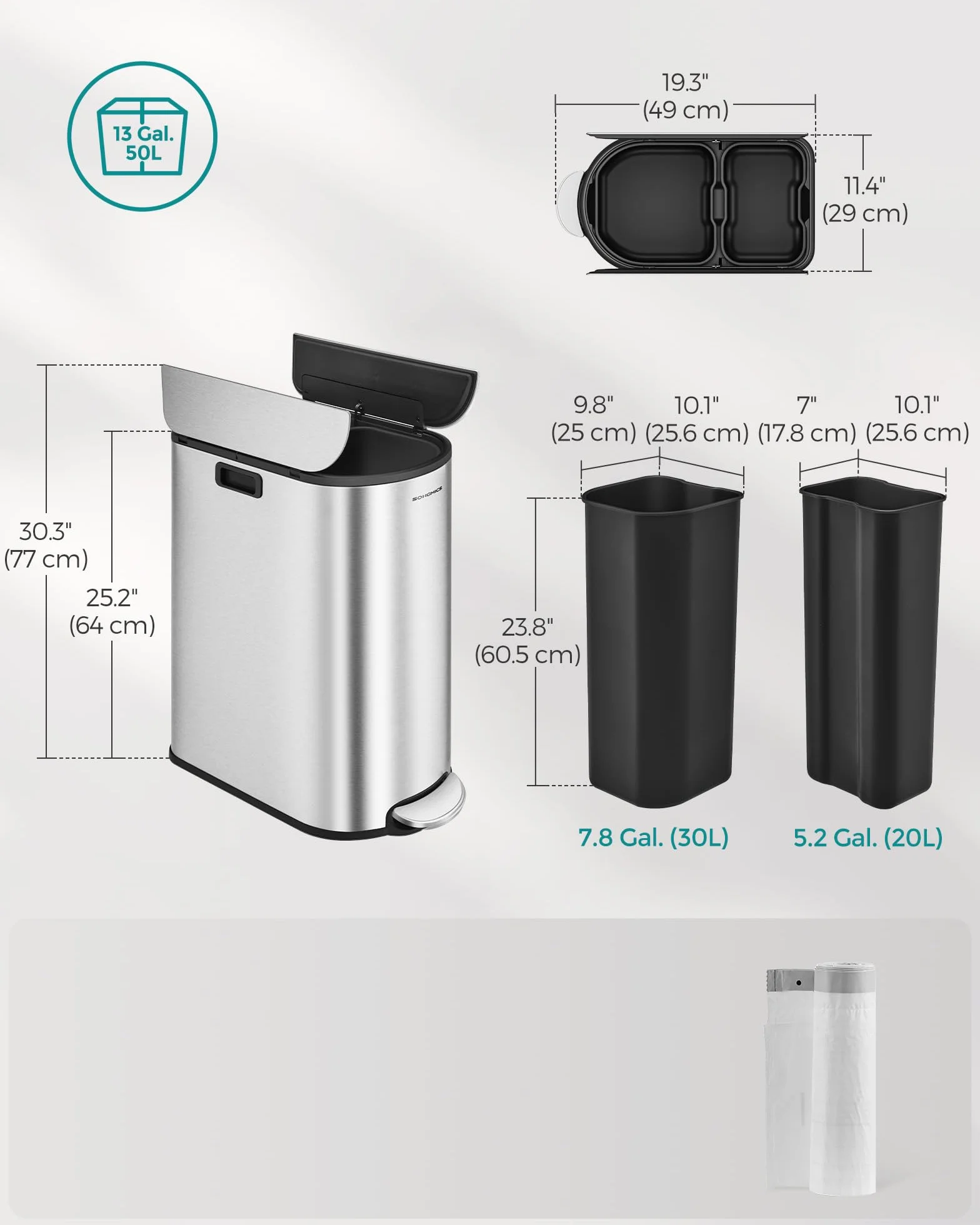 SONGMICS Podwójny kosz kuchenny, 30 l i 20 l, podwójna komora, wąski kosz do recyklingu i odpadów, kosz na pedały z pokrywkami skrzydeł, metaliczny srebrny LTB570E50