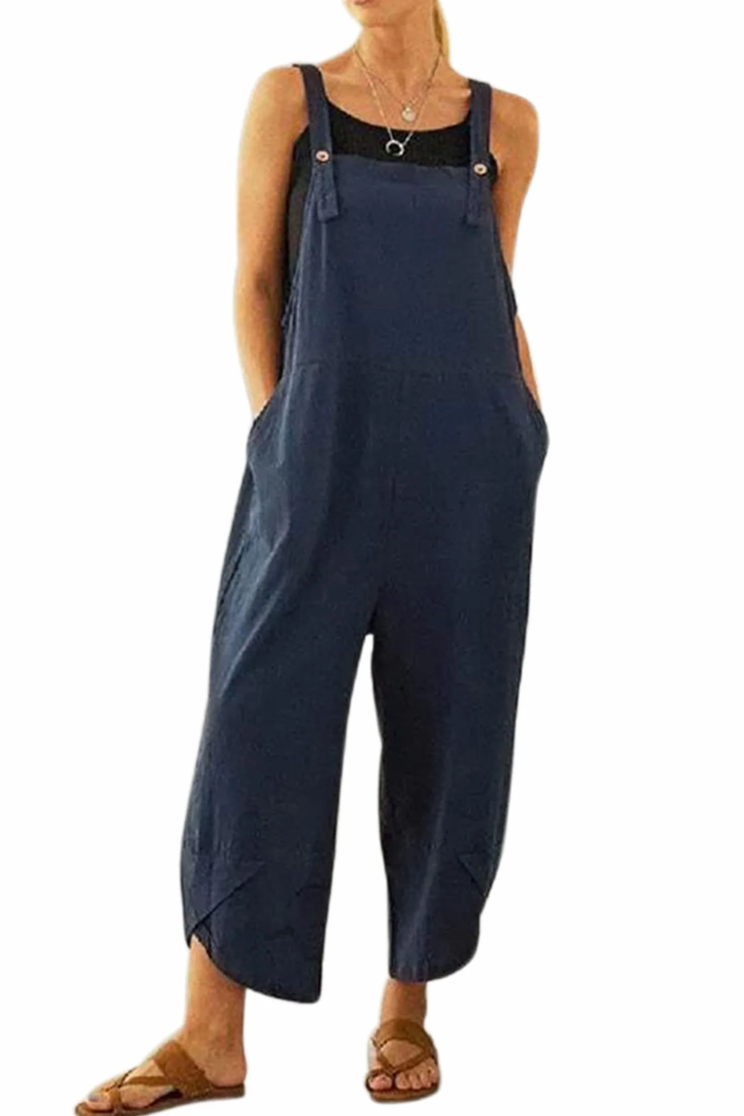 VEVESMUNDO Letnie ogrodniczki damskie bawełniane długie eleganckie retro luźne spodnie z szerokimi nogawkami kombinezon z kieszeniami 34 36 38 40 42 44 46 48 50
