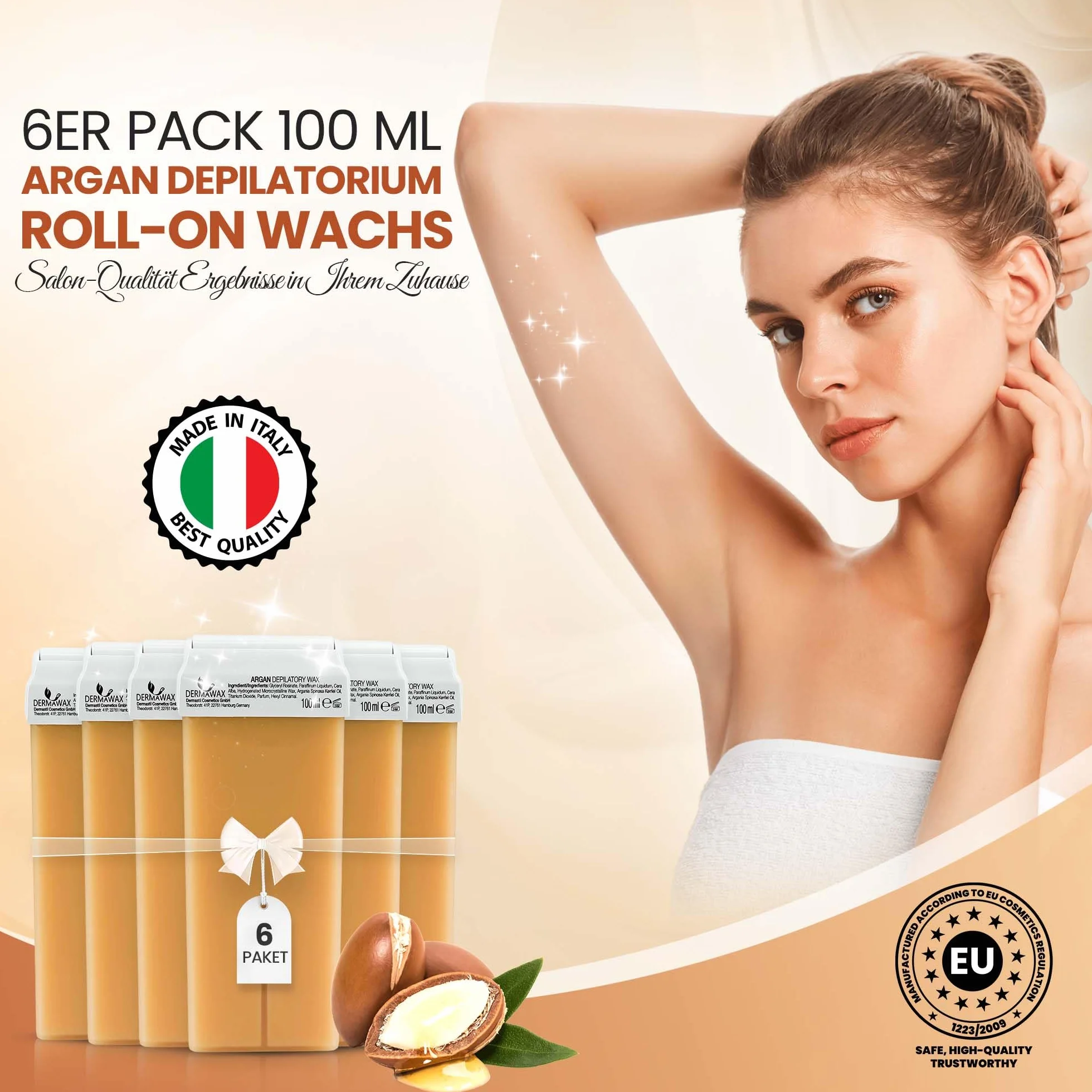 DERMAWAX 6 x 100 ml arganowy wkład do wałka woskowego, zestaw uzupełniający do woskowania z paskami woskowymi, idealny dla skóry wrażliwej, nóg, ramion, pod pachami, klatki piersiowej i pleców, 600 ml