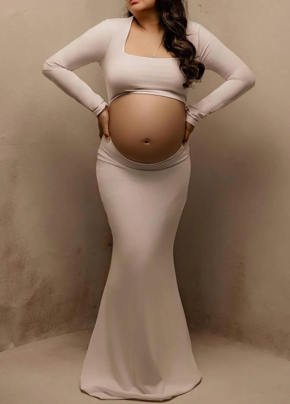 Damska sukienka ciążowa z długim rękawem, rozciągliwa, z mikrofibry, na baby shower, sesja zdjęciowa