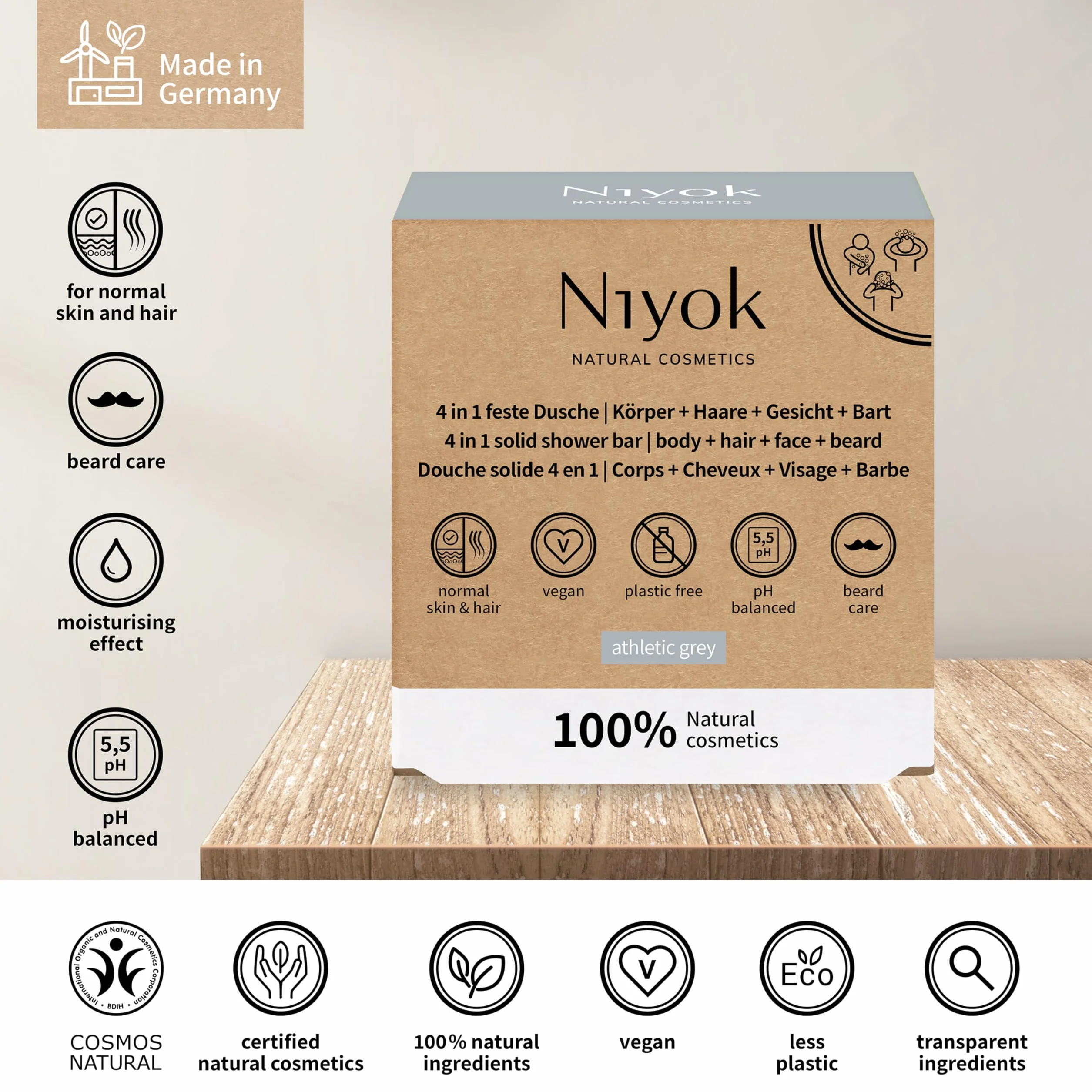 Niyok® Sta?y prysznic 4 w 1 "Athletic Grey" (80 g) myd?o do cia?a, w?osów, twarzy, brody, zrównowa?onej piel?gnacji cia?a All-in-One, mocne myd?o pod prysznic, mocny szampon, sta?e oczyszczanie
