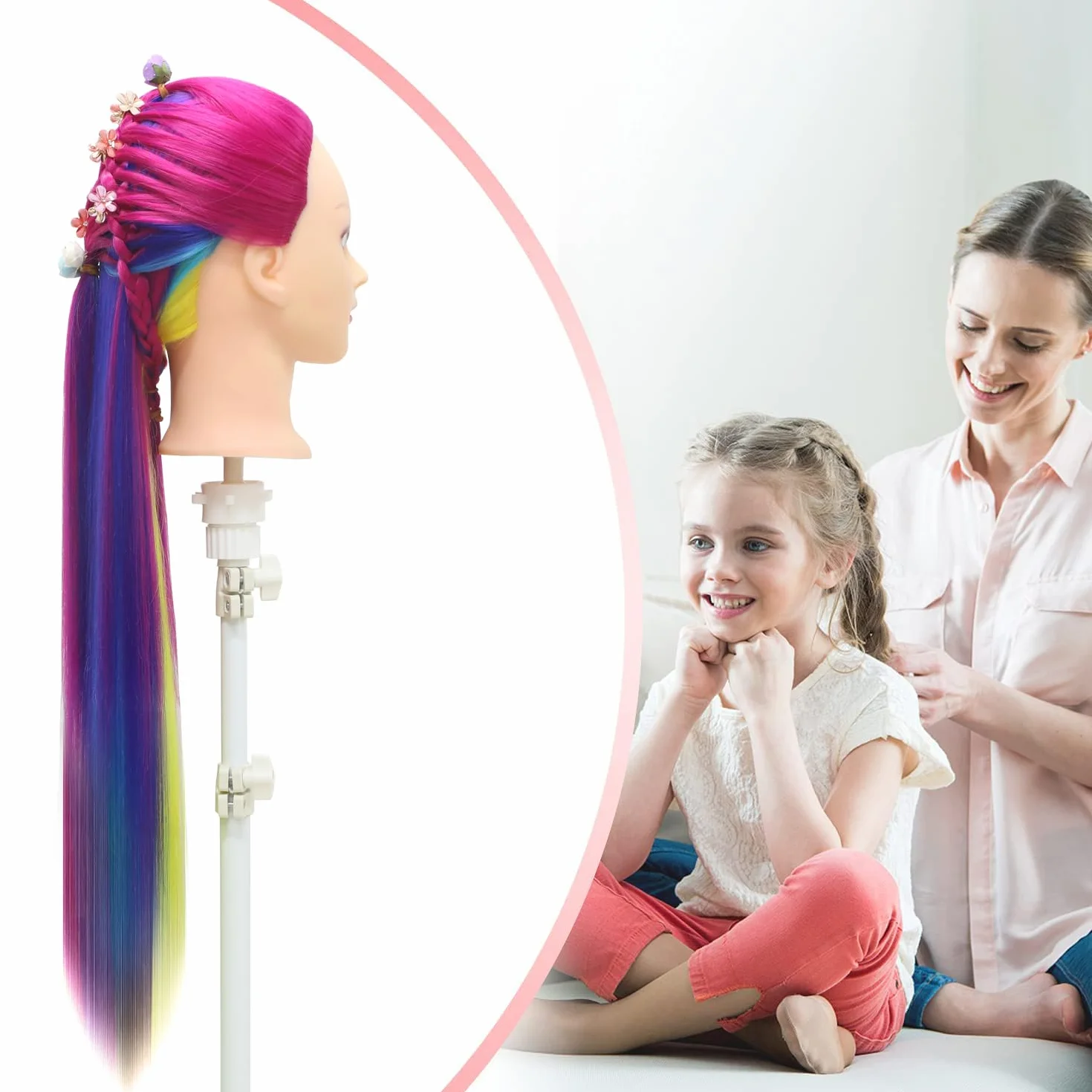 Głowa treningowa, 71 cm, głowa ćwiczebna, głowa fryzjerska, 100% włókna syntetyczne, do stylizacji włosów, z bezpłatnym zaciskiem i zestawem DIY do zaplatania (kolor tęczy)