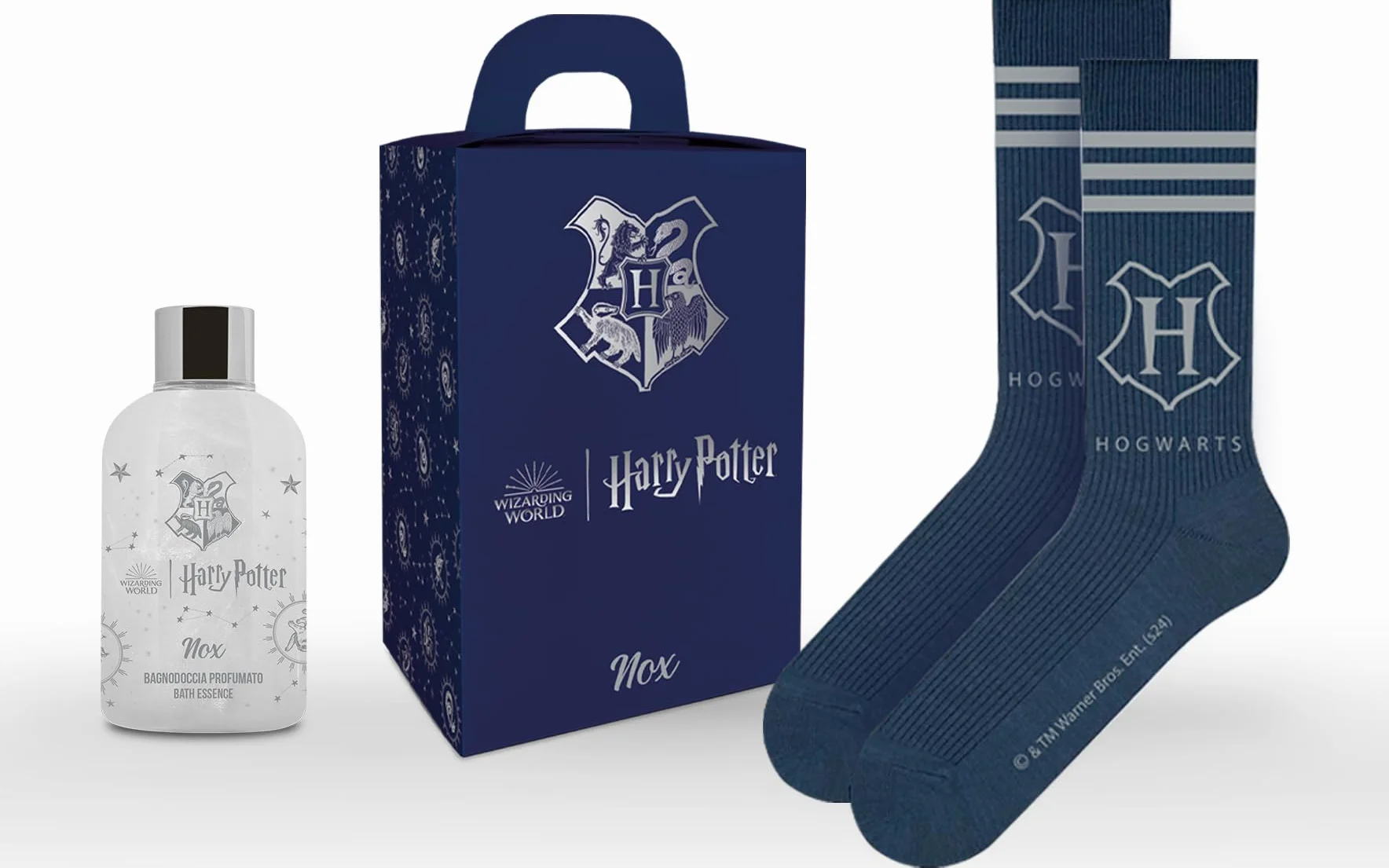 HARRY POTTER NOX | pudełko na prezent, żel Shower Gel 300 ml i oficjalne skarpety Hogwart 'Hogwart ', niebiesko-szare