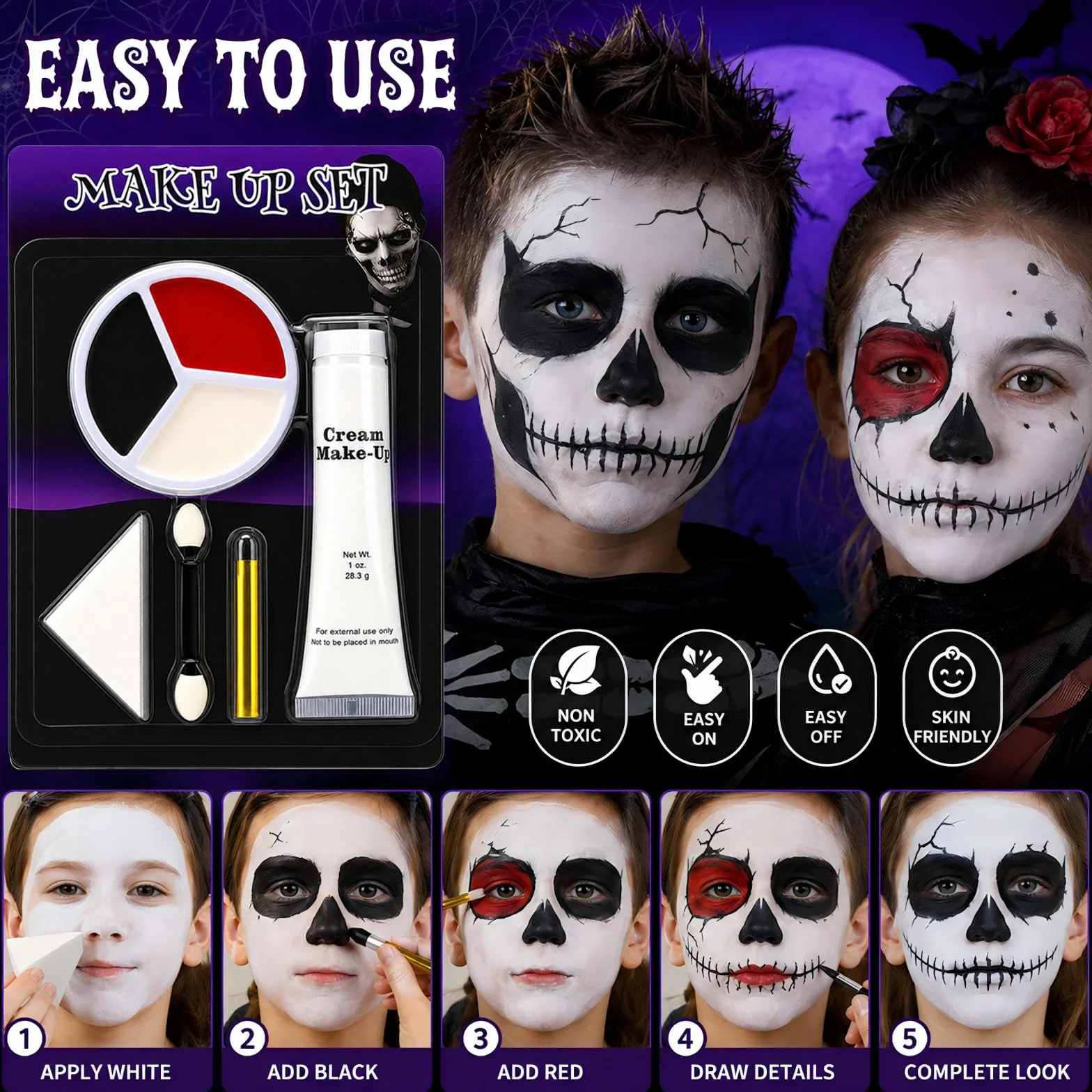 Halloweenowa biała farba do twarzy, SFX, zestaw do makijażu, biało-czarno-czerwona farba do twarzy, zestawy do makijażu na Halloween, do twarzy i ciała, Cosplay, SFX, zestaw do makijażu na Halloween