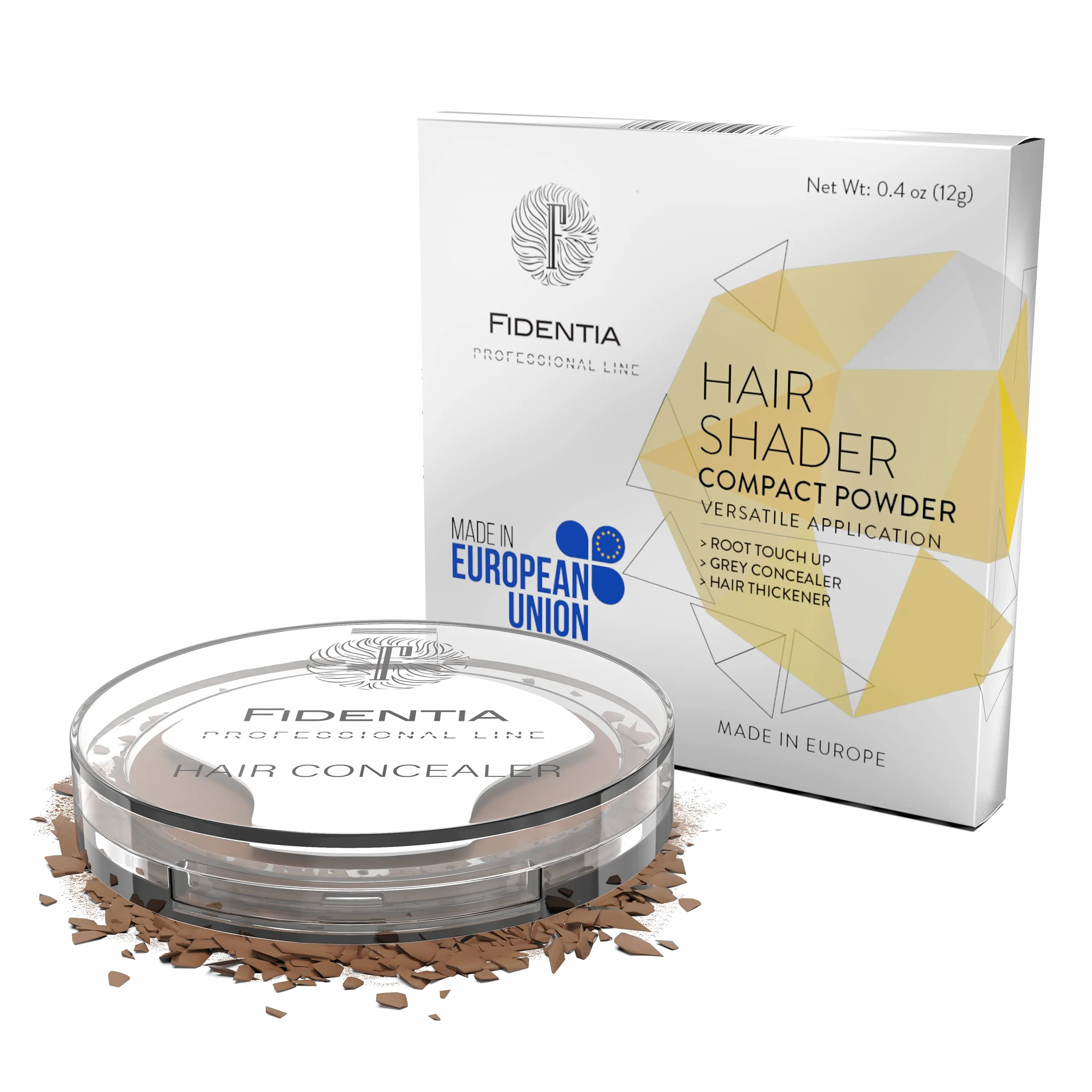 Fidentia Hair Shader – Puder do zagęszczania włosów, pokrycie siwych odrostów, maskuje miejsca przerzedzeń i uzupełnia włosy - 12g średni brąz