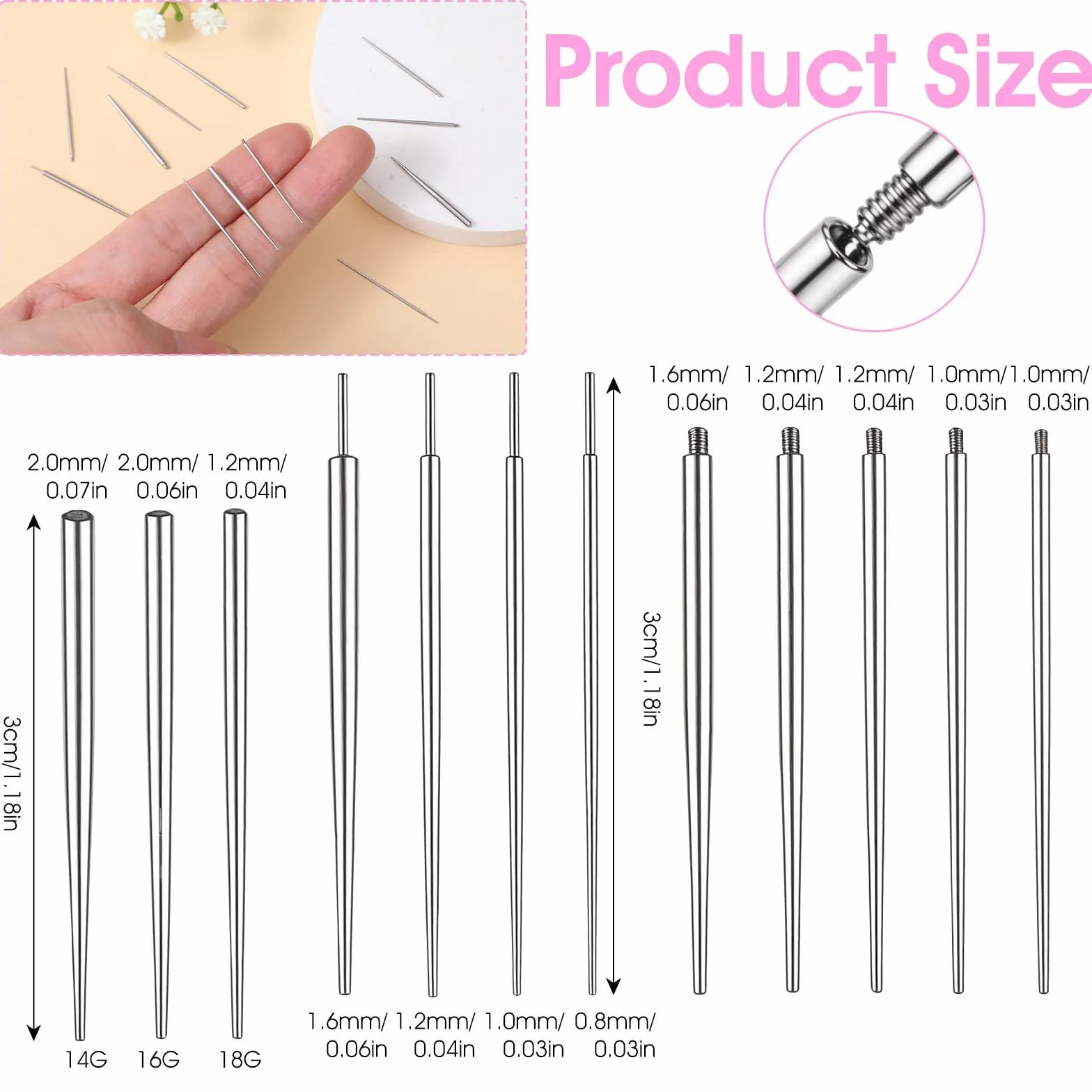 zestaw 12 sztuk igły do piercingu 14g/16g/18g Taper Piercing Wkładka do Wprowadzania Piercingu Zestaw Wkładki Z Chirurgicznej Stali Nierdzewnej Do Wprowadzania Bez Gwintu Do Tragusa, Helix