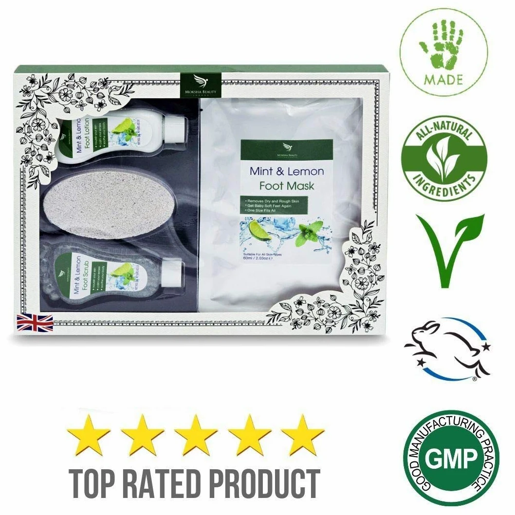 Zestaw upominkowy do pielęgnacji stóp - Foot Spa zestaw upominkowy | peeling do stóp z miętą i cytryną, balsam do stóp, maska do stóp, pumeks