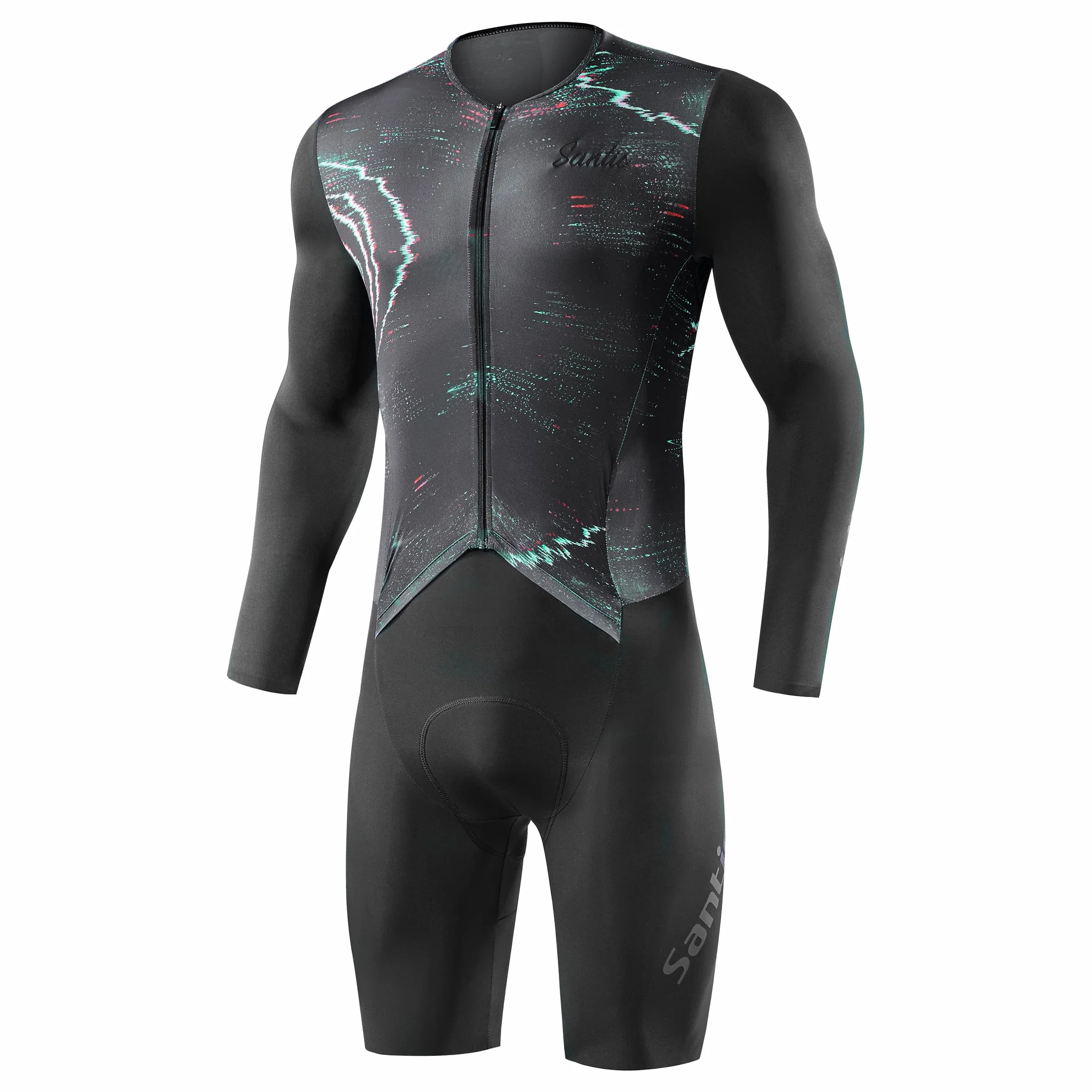 Santic Męski dres triatlonowy, jednoczęściowy, z długim rękawem, triatlon, z wyściółką, krótki kombinezon do triatlonu, wysoka elastyczność, wyszczuplający strój rowerowy