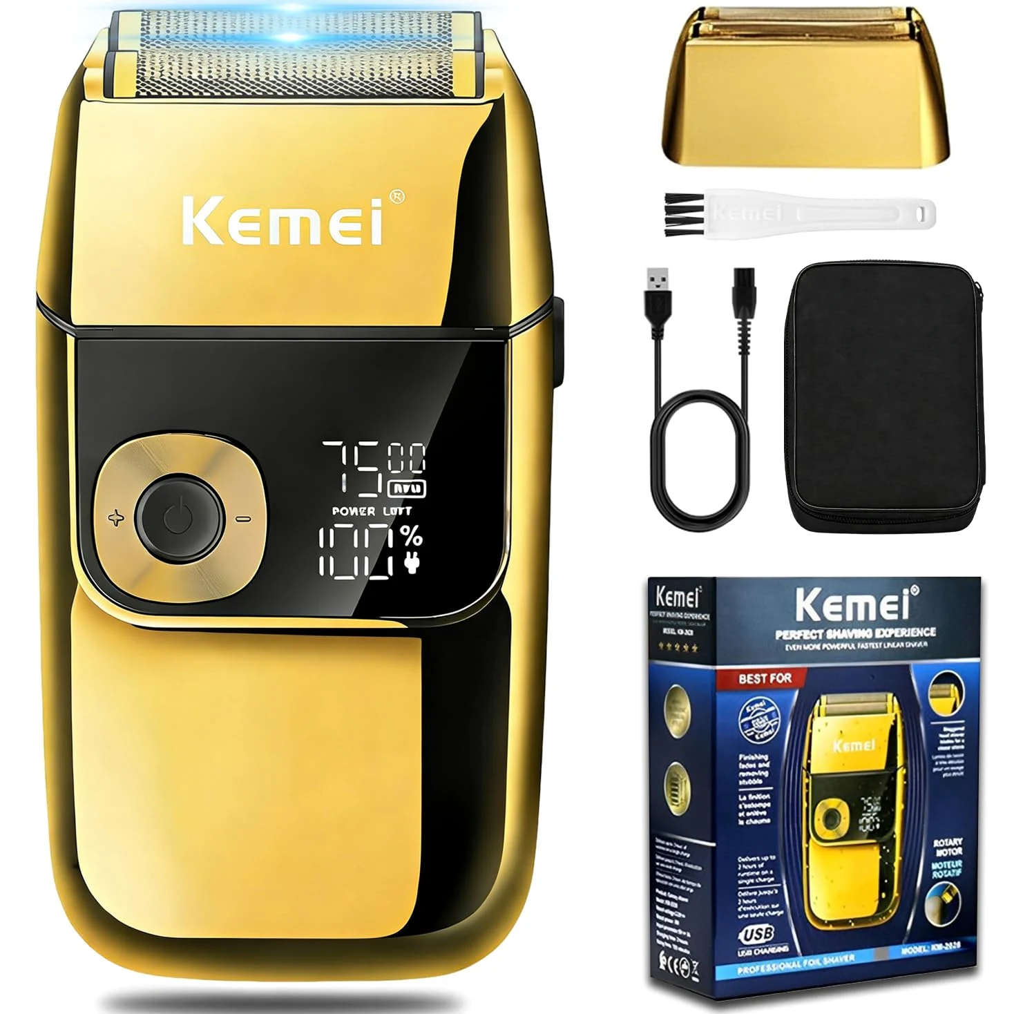 KEMEI Golarki elektryczne dla mężczyzn, golarki bez kabla z wyświetlaczem LCD, ładowane przez USB z wysuwanym trymerem do brody, najlepszy prezent podróżny na całym świecie, model KM 2028, złoty