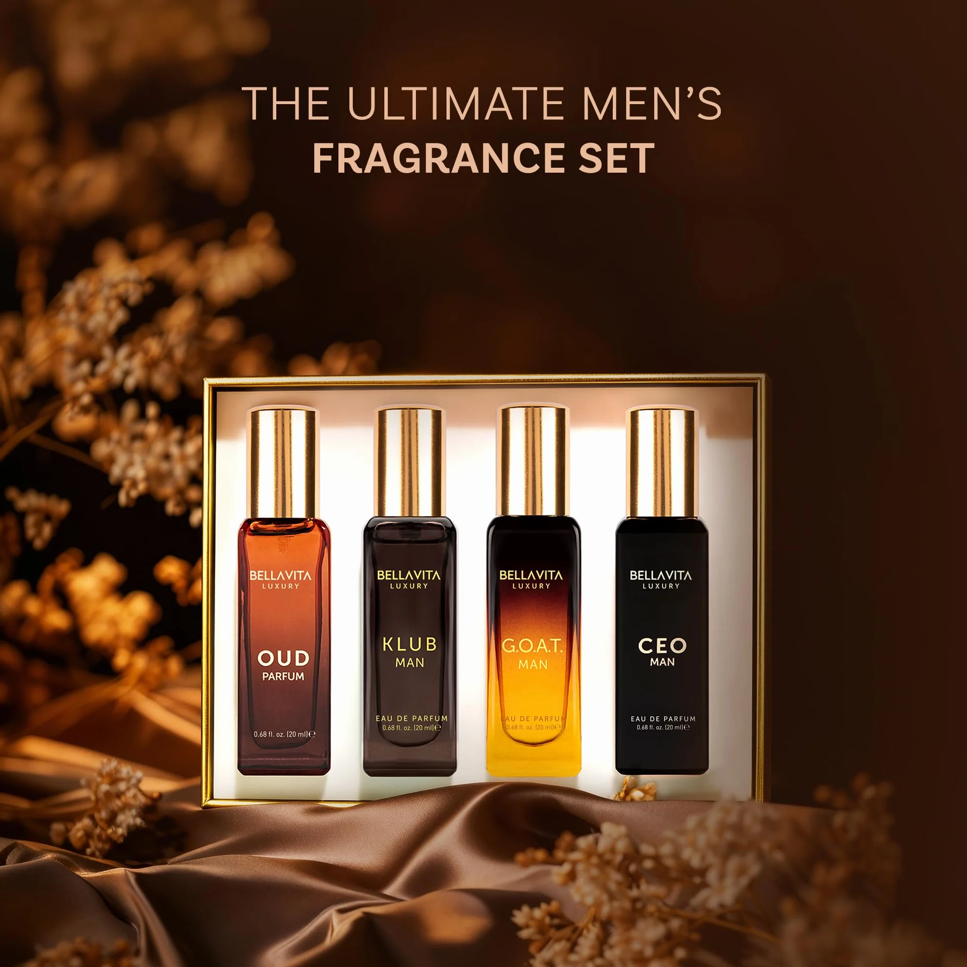 Bella Vita Luxury Długotrwały zestaw upominkowy perfum dla mężczyzn, 4 x 20 ml, prezenty dla mężczyzn, drzewny, cytrusowy, oud, zapach premium | KLUB, OUD, CEO, G.O.A.T