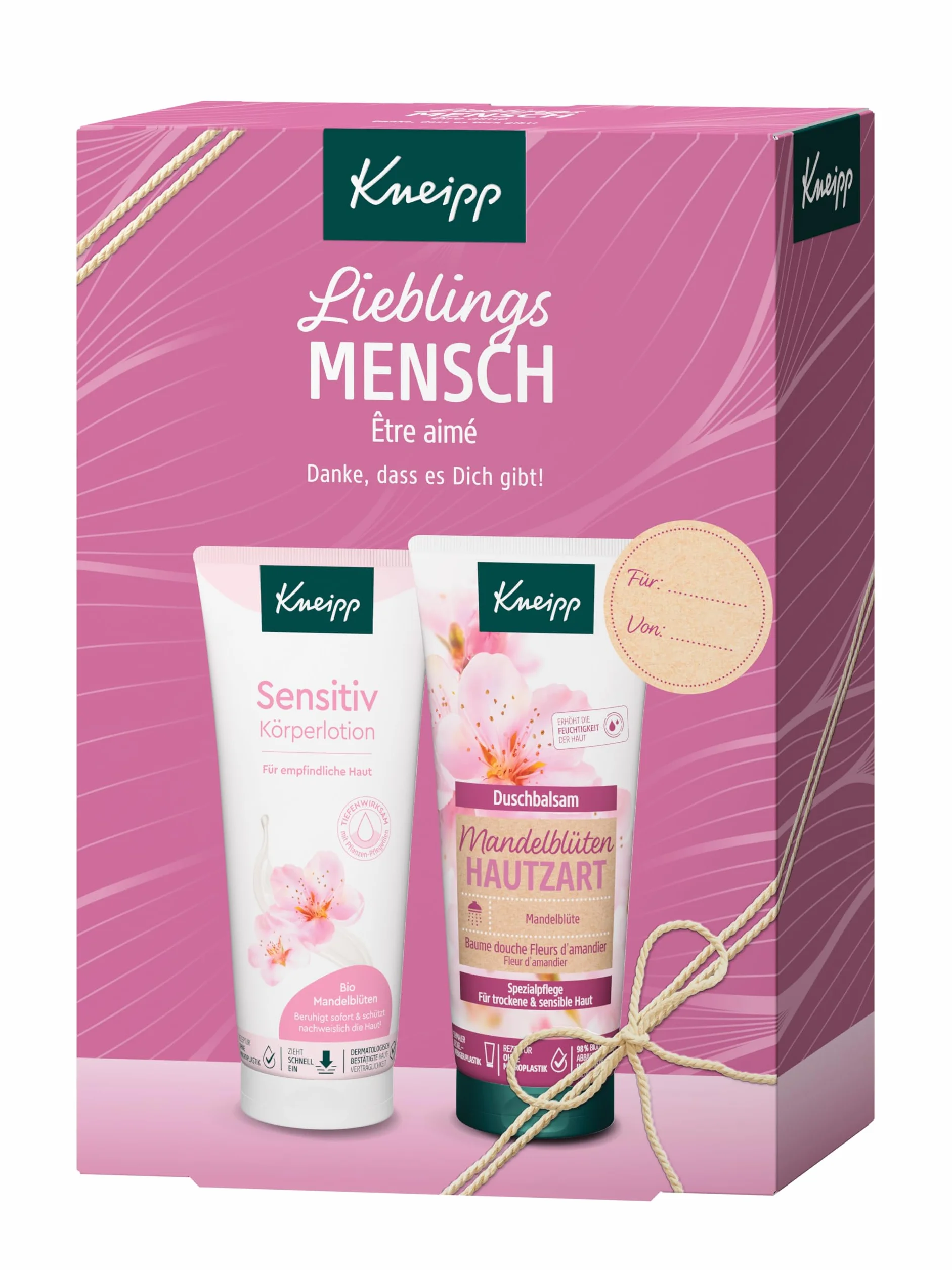 Kneipp Zestaw upominkowy Lieblingsmensch - opakowanie prezentowe z balsamem do ciała i balsamem pod prysznic z serii "Hauttzart" z kwiatów migdałów - 2 x 200 ml