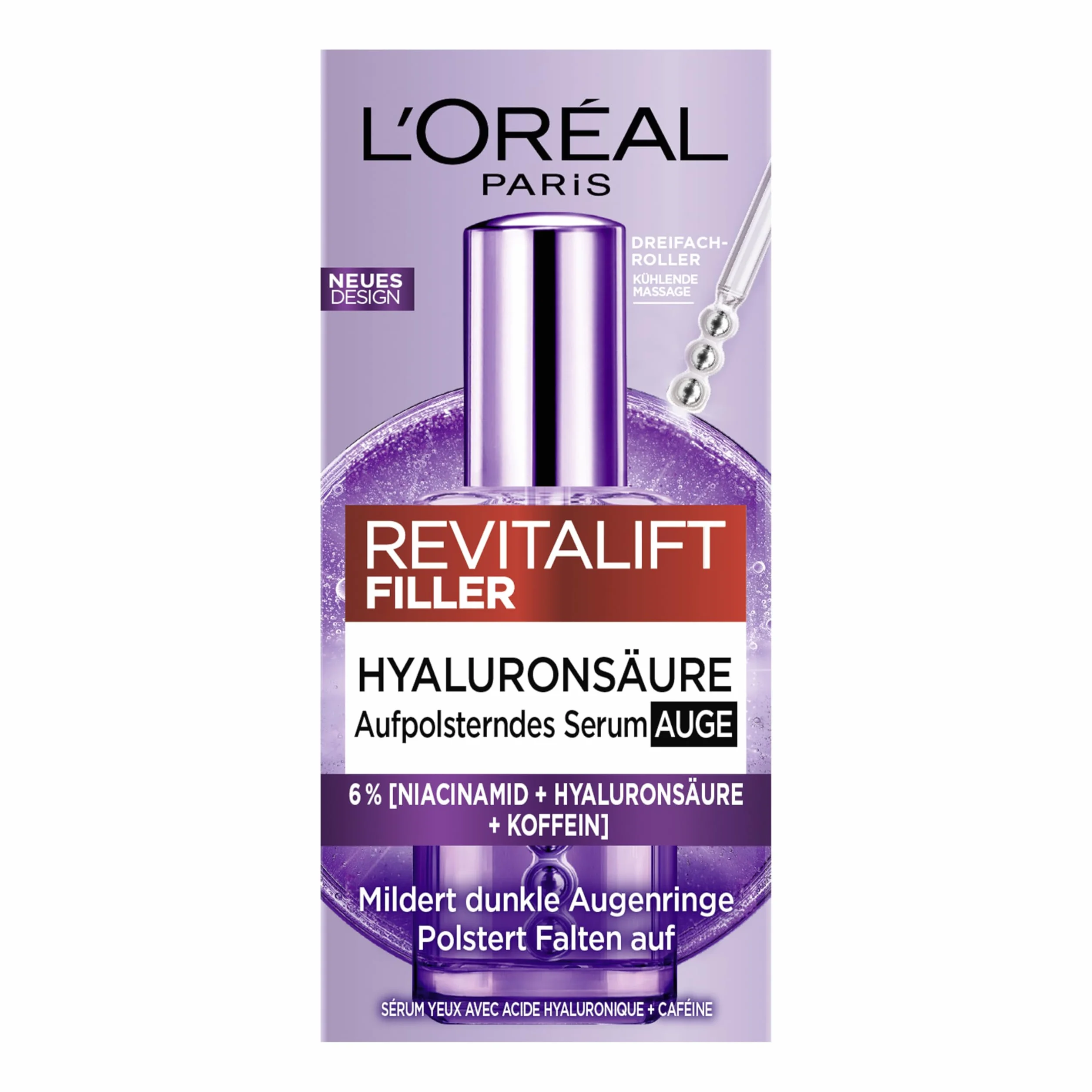 L'Oréal Paris Serum do oczu dla kobiet: zapewnia wyściełaną okolicę oczu i mniej ciemnych cieni pod oczami, 2,5% [kwas hialuronowy + kofeina], Revitalift Filler, 1 x 20 ml