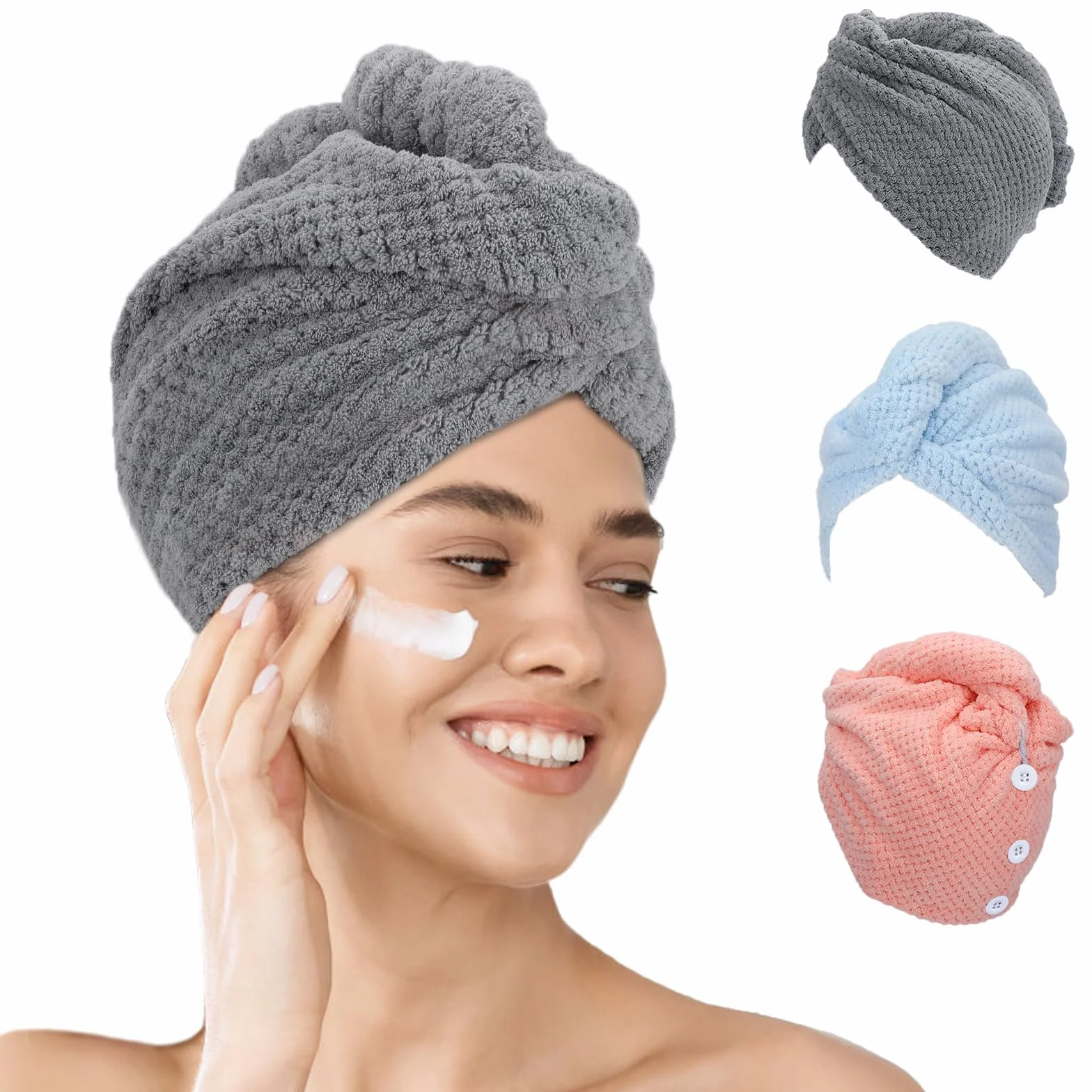 FREATECH 3-pak ręczników z mikrofibry do włosów, antyfrizz turbany, super chłonny i miękki ręcznik do suszenia włosów z 3 regulowanymi guzikami dla kobiet, mężczyzn, dzieci, mokrych, kręconych