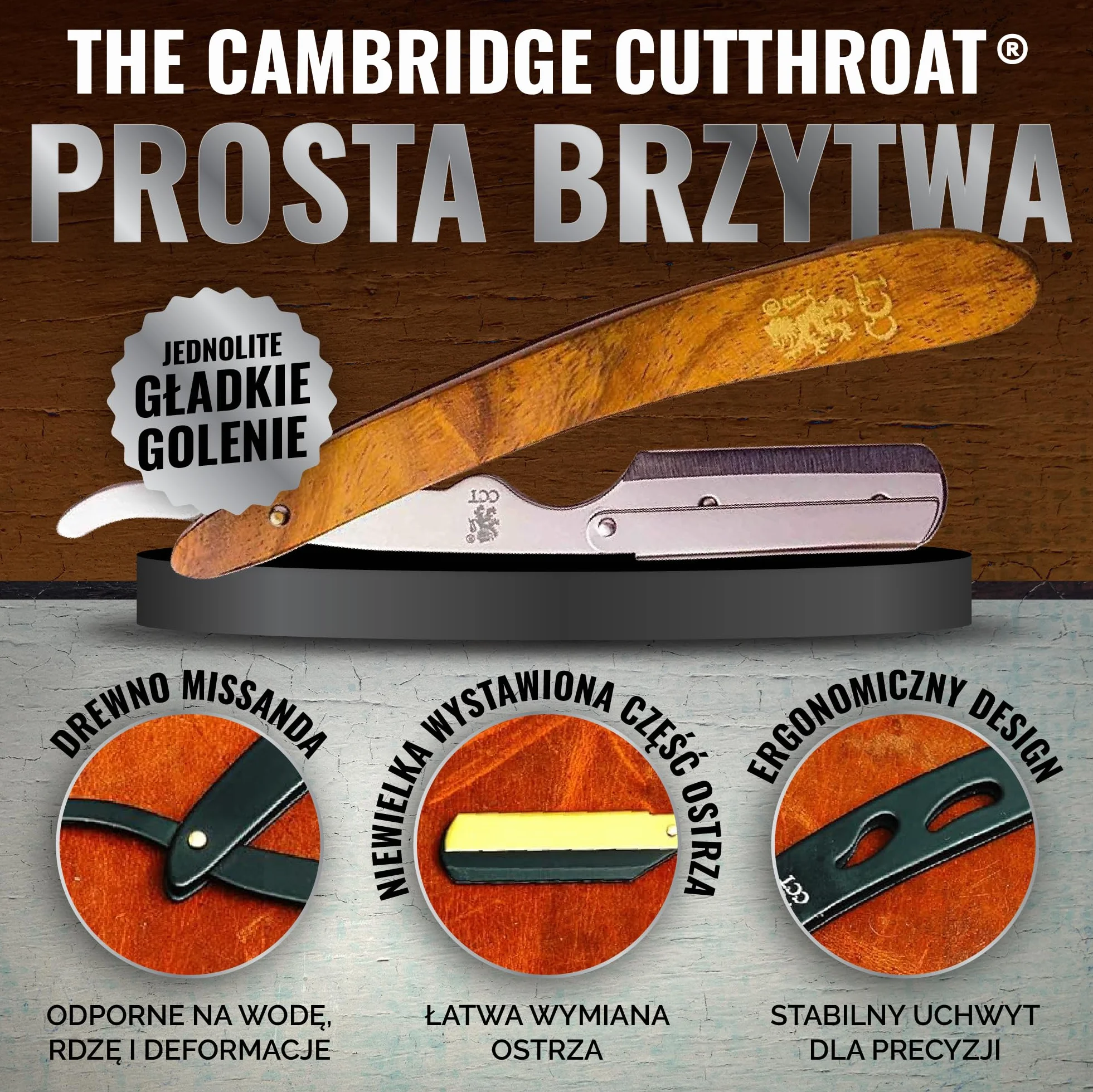 Profesjonalny zestaw brzytwy The Cambridge Cutthroat® Missanda z Drewna i Stali Nierdzewnej, brzytwa z pojedynczym ostrzem premium, do stylizacji wąsów i brody, z etui podróżnym