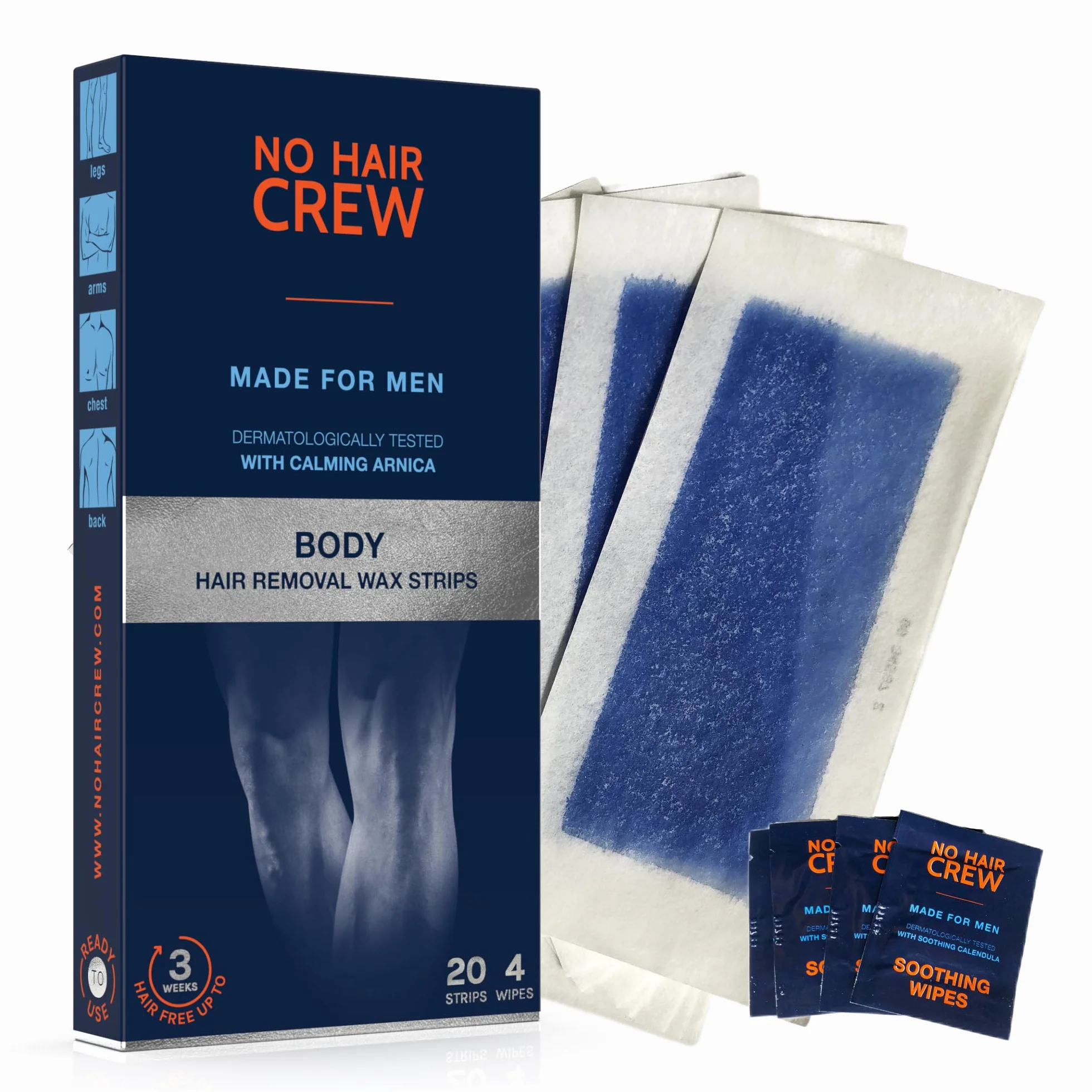 NO HAIR CREW Plastry Z Woskiem Do Ciała Dla Mężczyzn, 20 sztuk + 4 chusteczki
