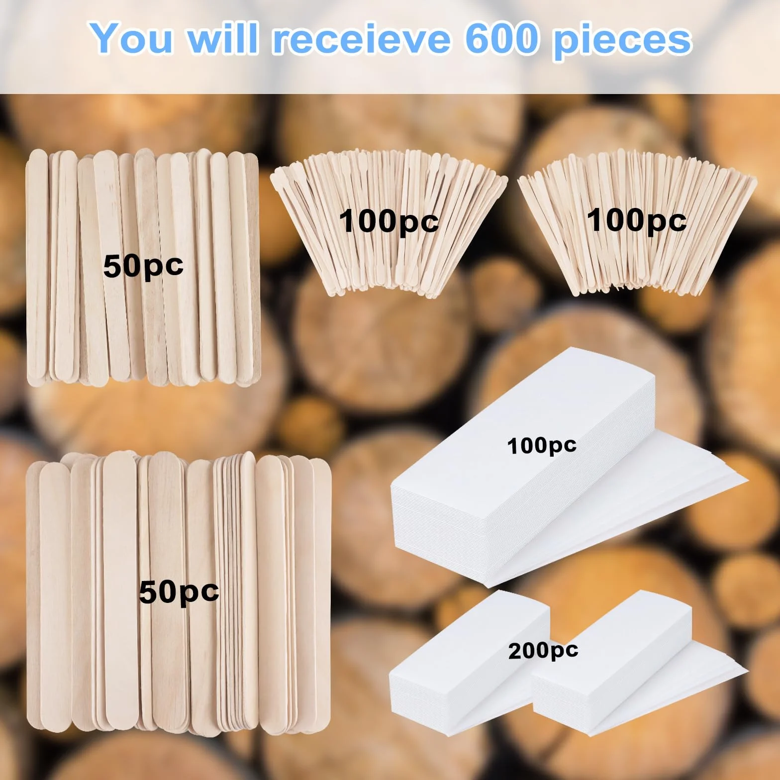 Zestaw 600 pałeczek do wosku, 300 drewnianych aplikatorów do wosku, małe, średnie, duże szpatułki i 300 nietkanych papierowych pasków do usuwania włosów, dla kobiet i mężczyzn (2)