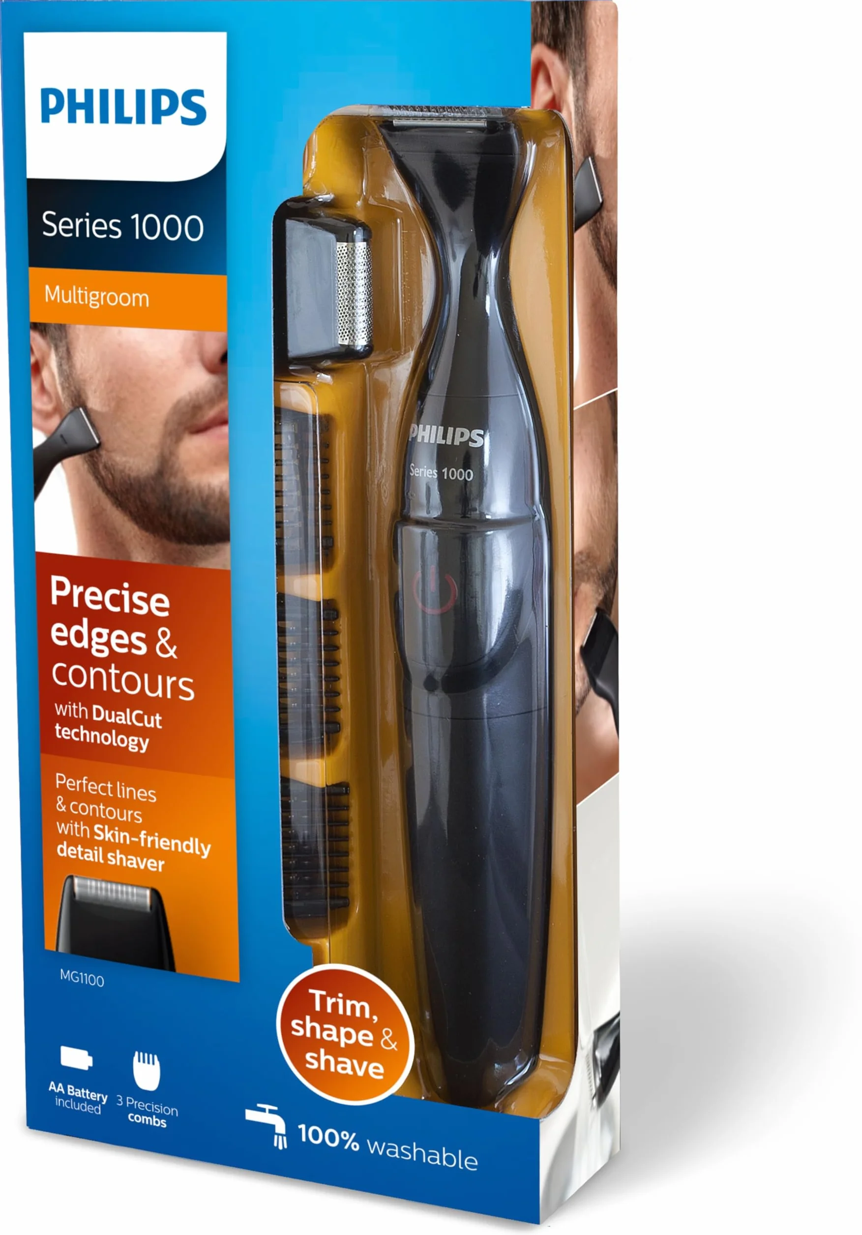 Philips Multigroom series 1000 MG1100/16, Niezwykle precyzyjny, trymer do brody, Precyzyjny trymer DualCut, Precyzyjna golarka, Możliwość mycia w wodzie, bateria AA, 3 precyzyjne nasadki