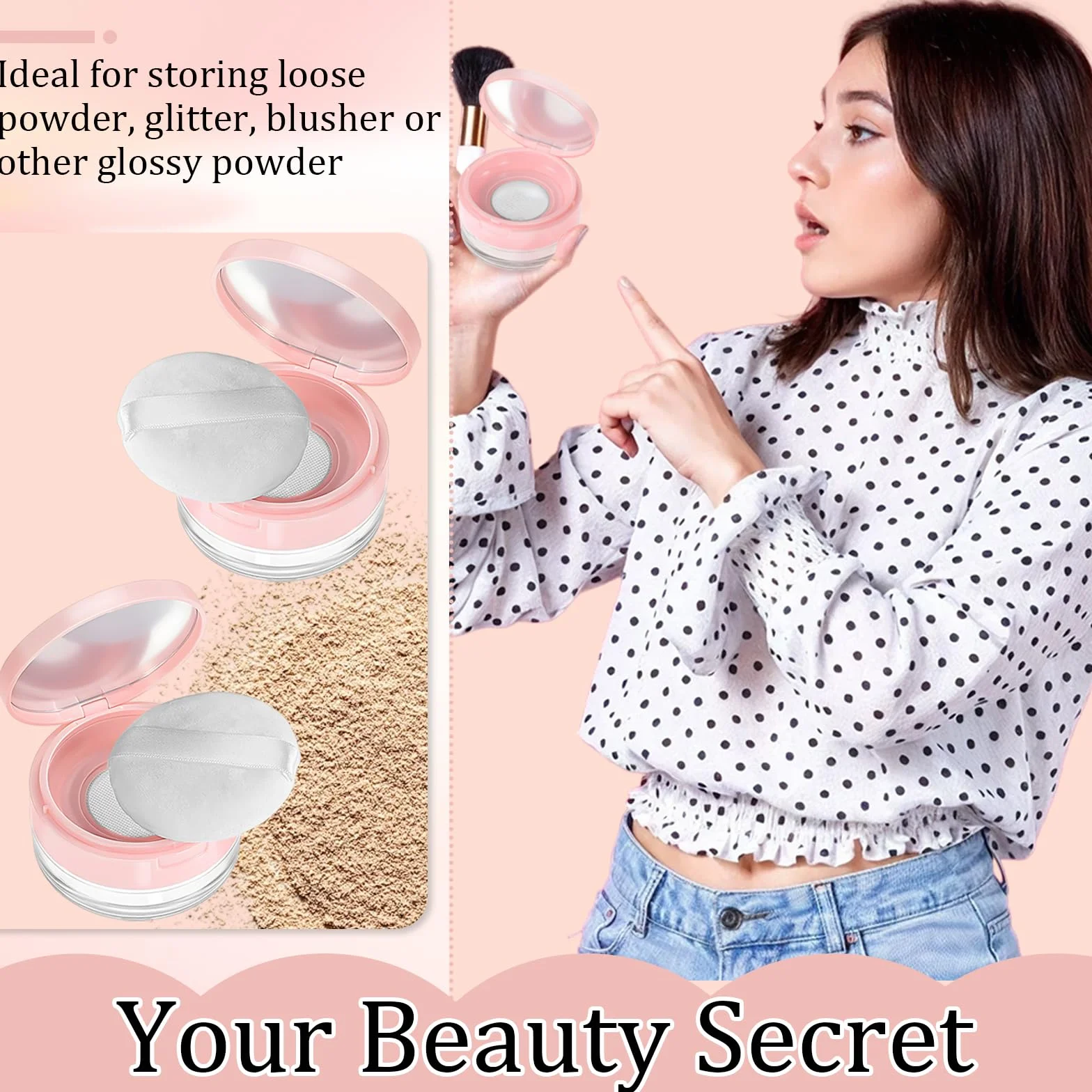 Qianyu Luźny pojemnik na puder z pudru wielokrotnego użytku, pusty futerał na puder, przenośna kompaktowa obudowa, pojemność 20 ml, narzędzie do makijażu do wielokrotnego napełniania, z lustrem i