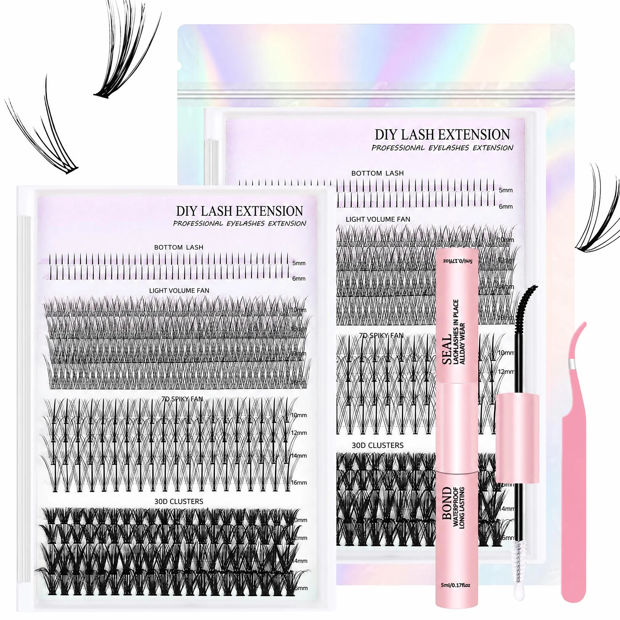 Przedłużki do rzęs 400 kępek, DIY 5-16mm mieszane długości zestaw przedłużek do rzęs, indywidualne 4 style sztuczne rzęsy z Lash Bond i Seal i pęsetą, zestaw do przedłużania rzęs