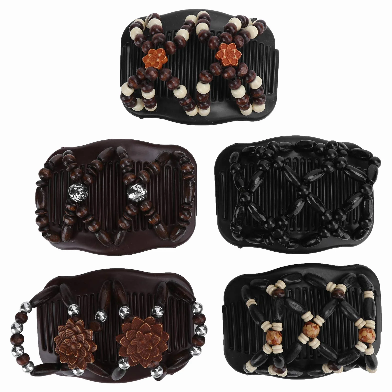 5 szt. podwójne spinki do włosów, Magic Hair Comb, podwójny grzebień do włosów, drewniane koraliki podwójny grzebień do włosów elastyczny klips damskie akcesoria do włosów, narzędzia do stylizacji