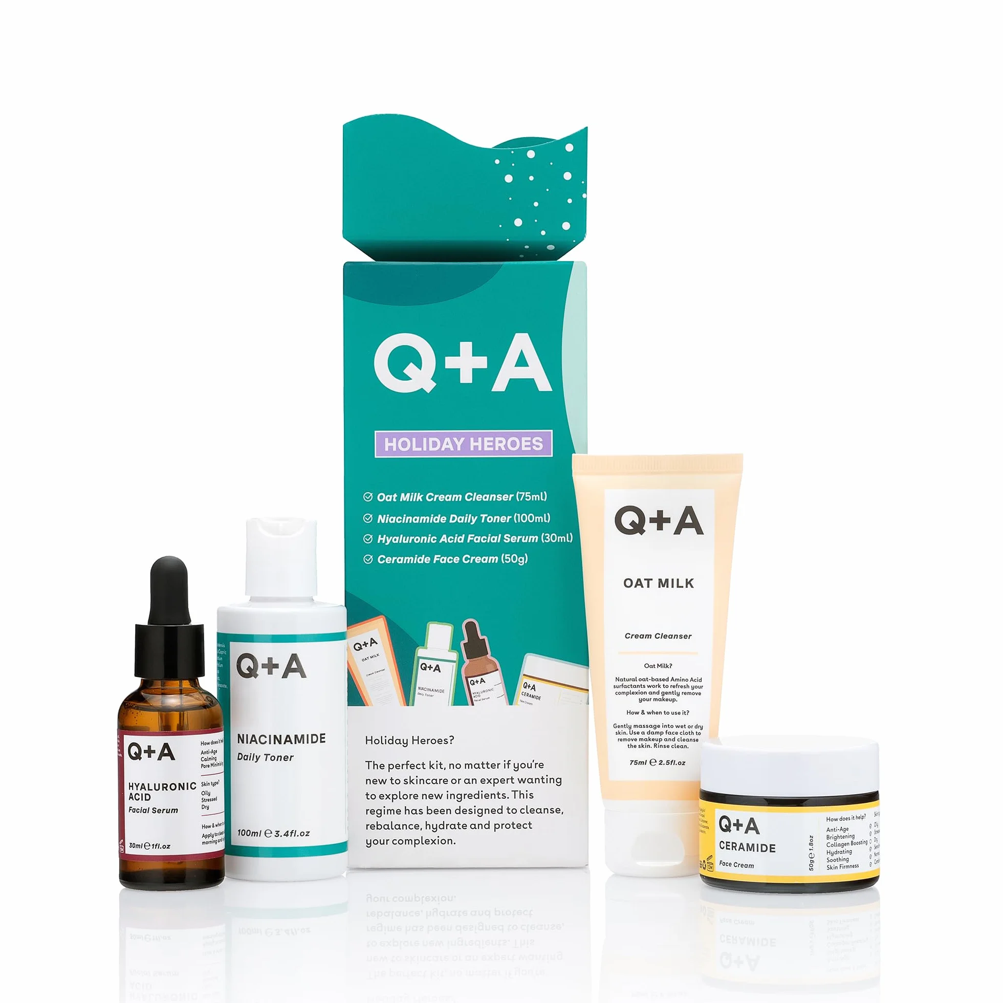 Zestaw prezentowy Q+A Holiday Heroes – 4-etapowy program z Oat Milk Cleanser, Niacinamide Toner, Hyaluronic Acid Serum, Ceramide Face Cream – Wegański, Nietestowany na zwierzętach